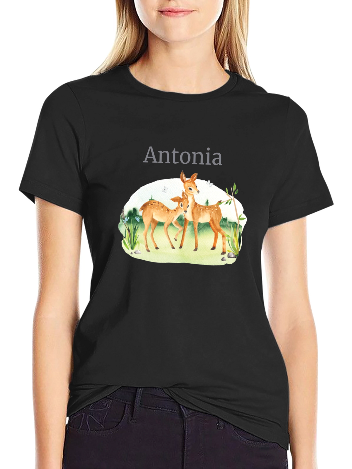 Personalized Deer Family Black T-Shirt