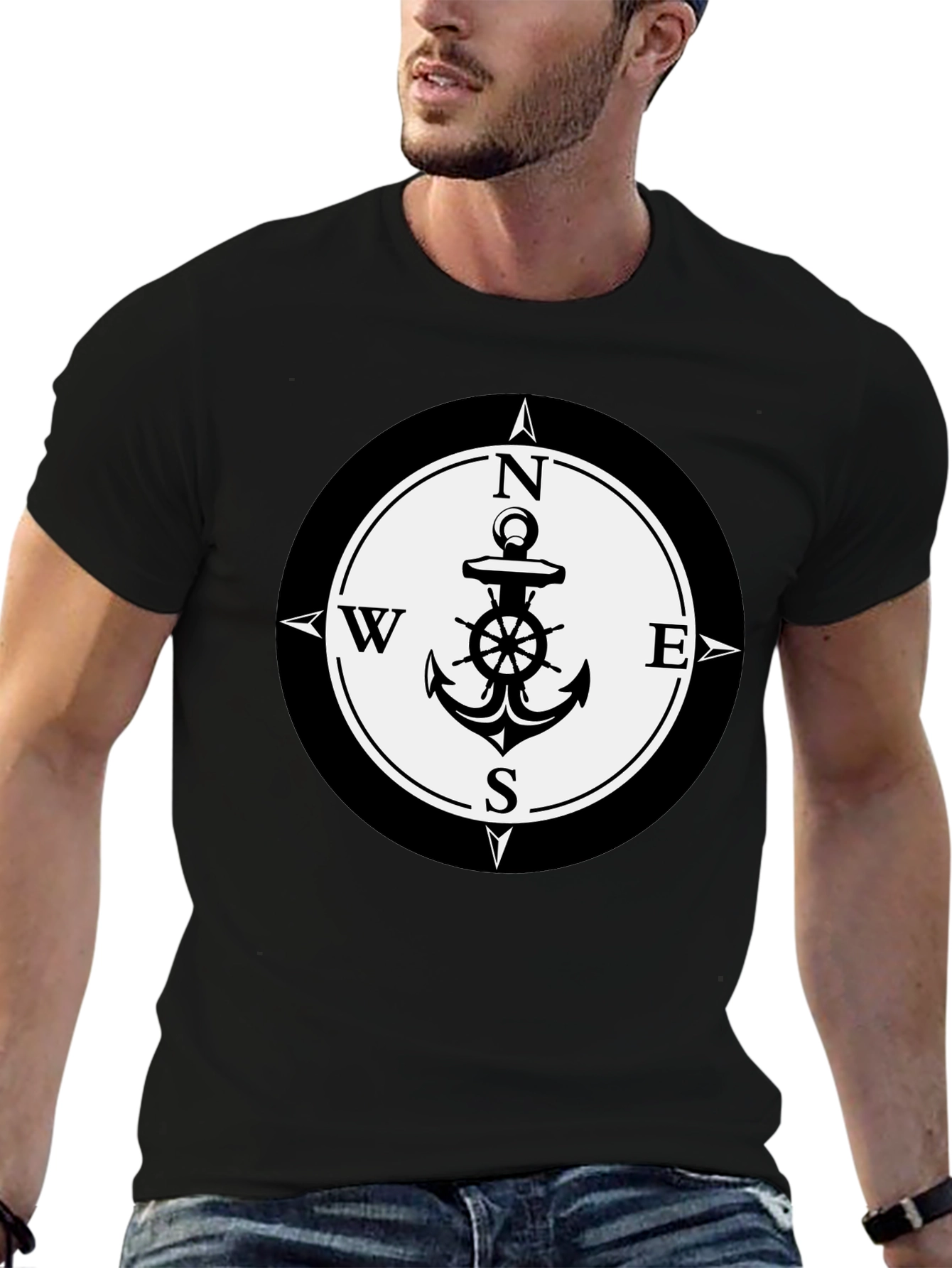 Nautical Anchor Compass Rose Graphic Tee - Black