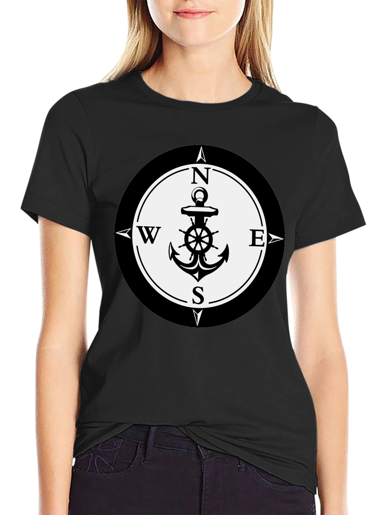 Nautical Anchor Compass Rose Graphic Tee - Black