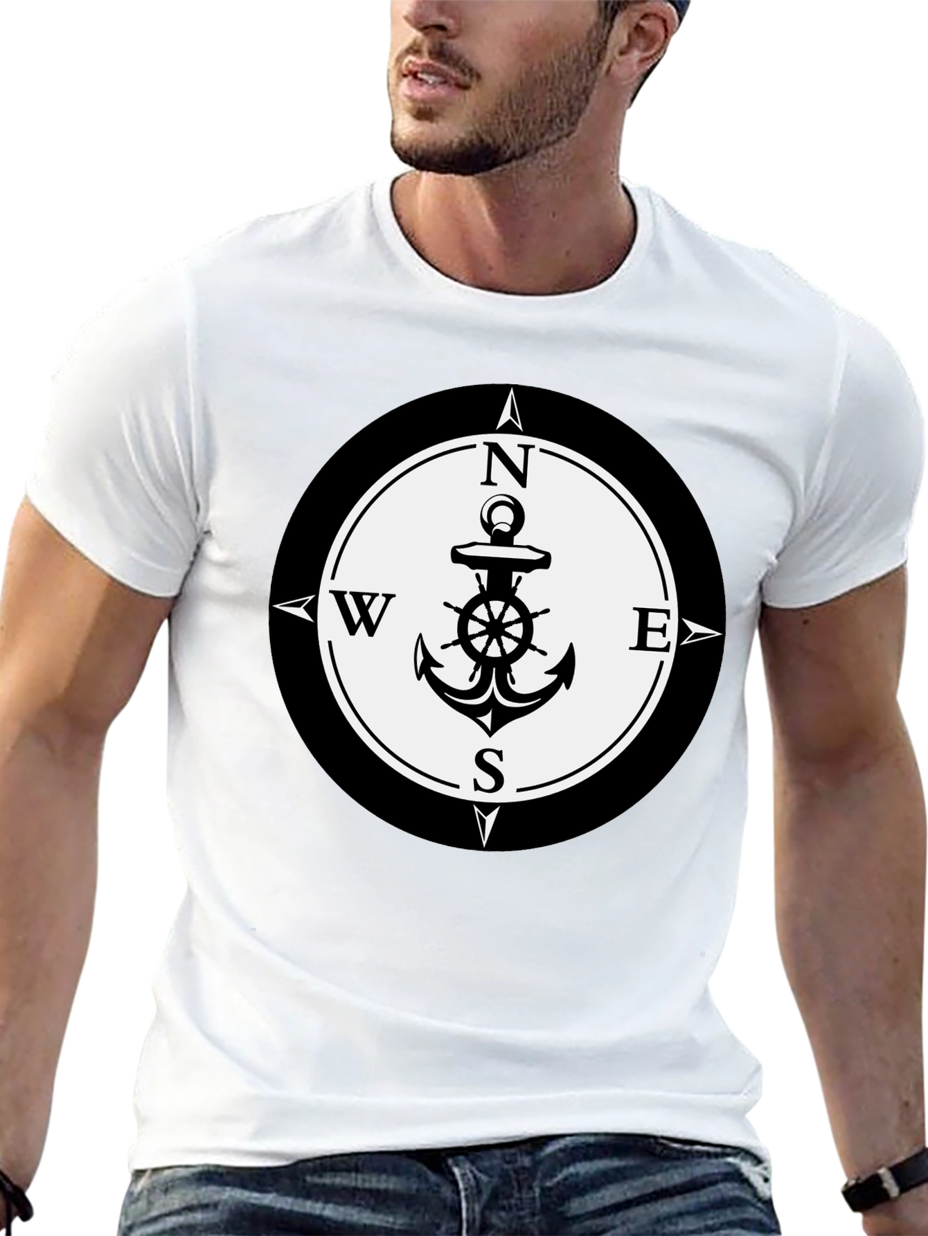 Nautical Anchor Compass Rose Graphic Tee - Black