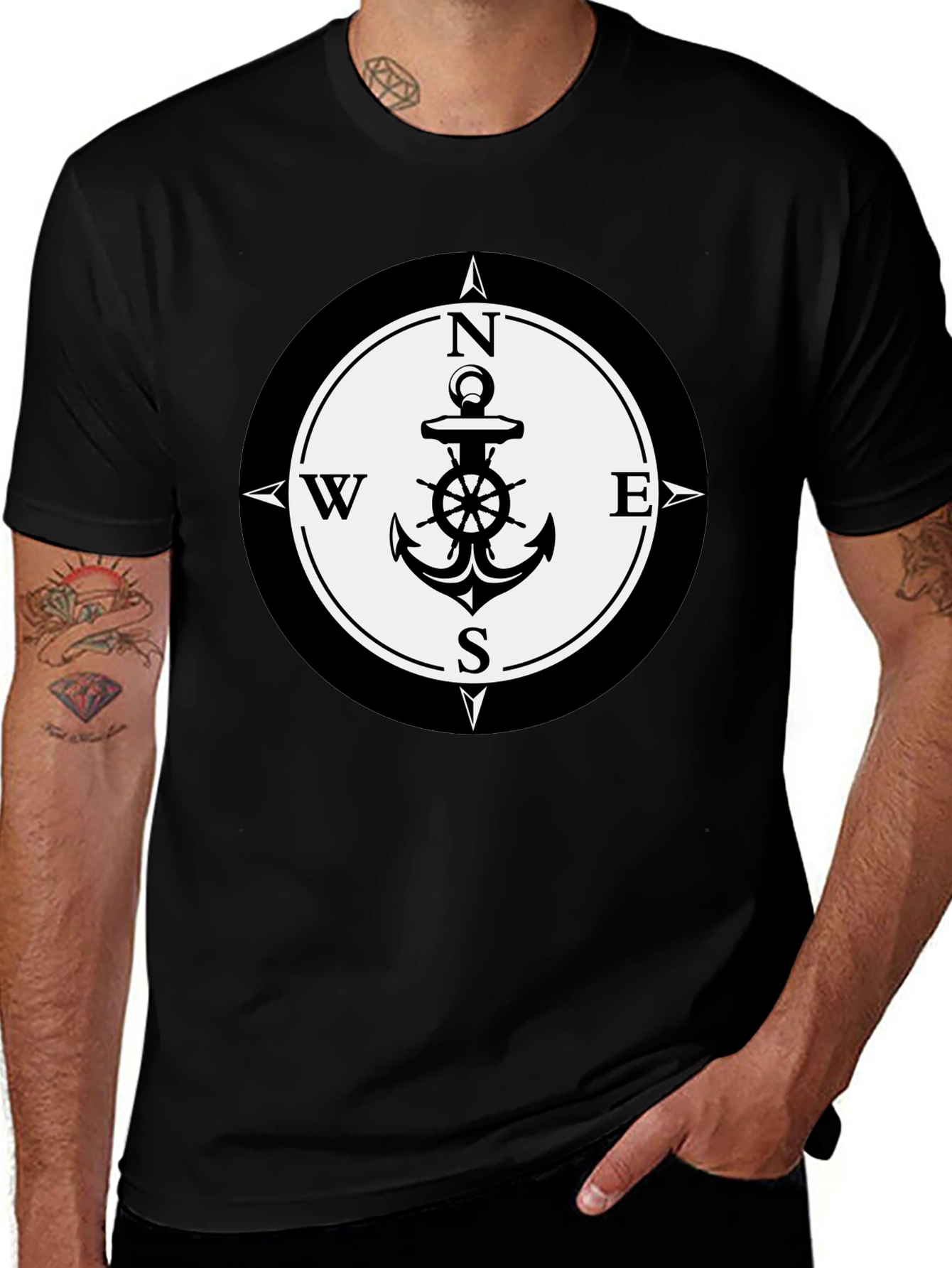 Nautical Anchor Compass Rose Graphic Tee - Black