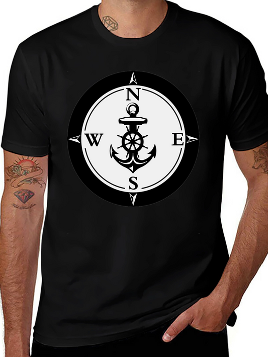 Nautical Anchor Compass Rose Graphic Tee - Black