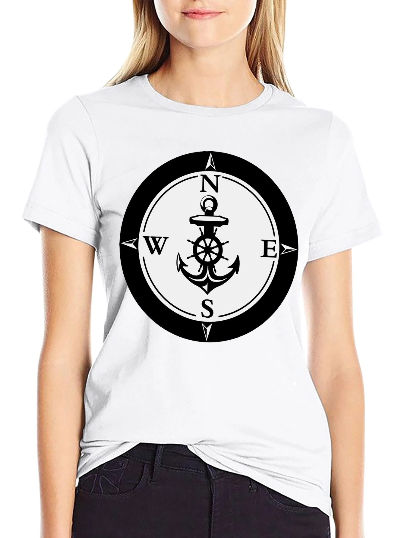 Nautical Anchor Compass Rose Graphic Tee - Black
