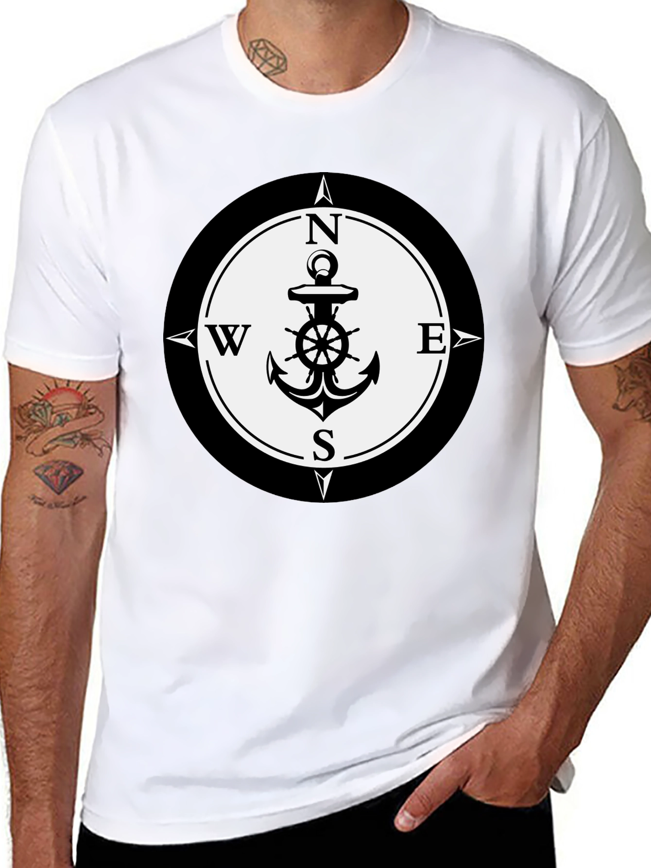 Nautical Anchor Compass Rose Graphic Tee - Black