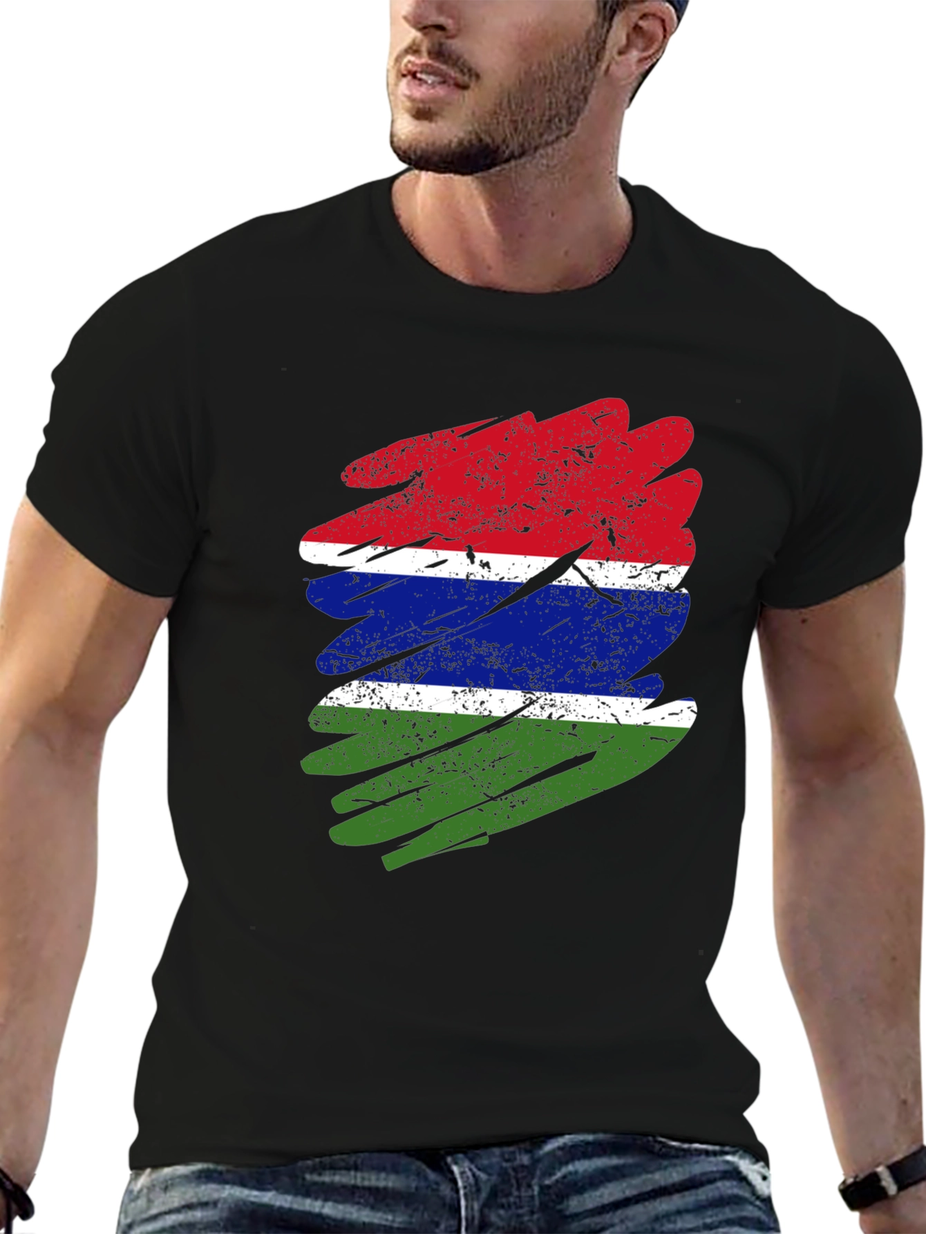 Gambia Flag Distressed T-Shirt - Black