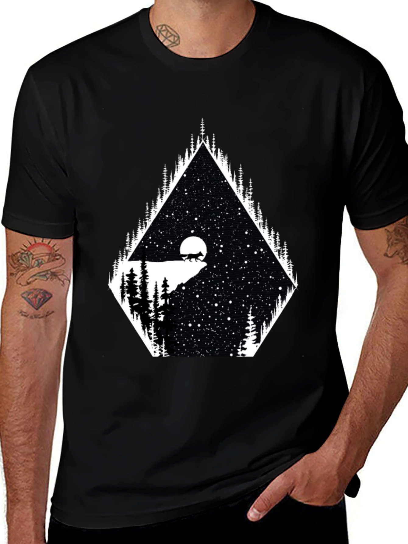 Mens Graphic Tee - Wolf Moon Stargazing Design