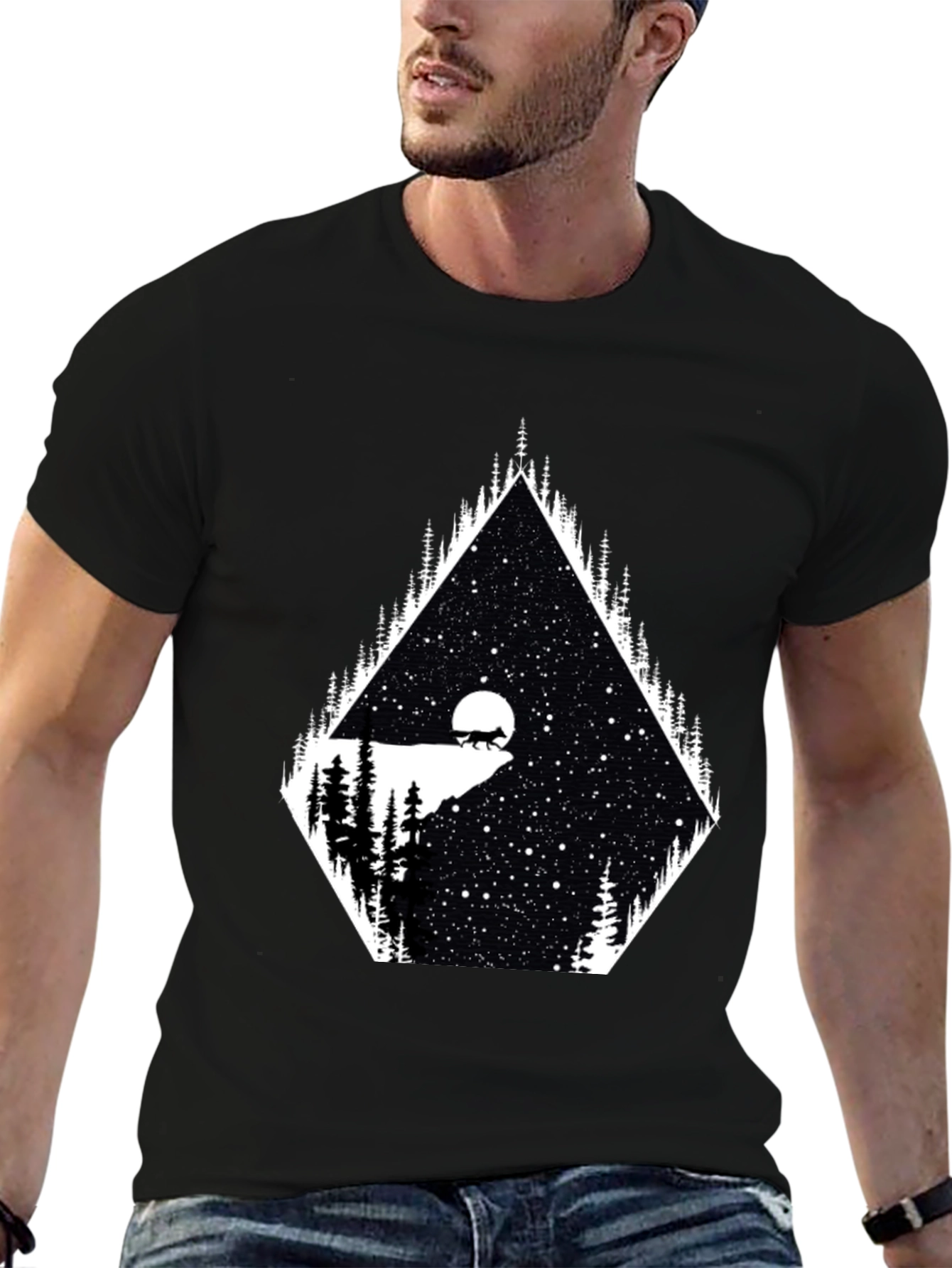 Mens Graphic Tee - Wolf Moon Stargazing Design