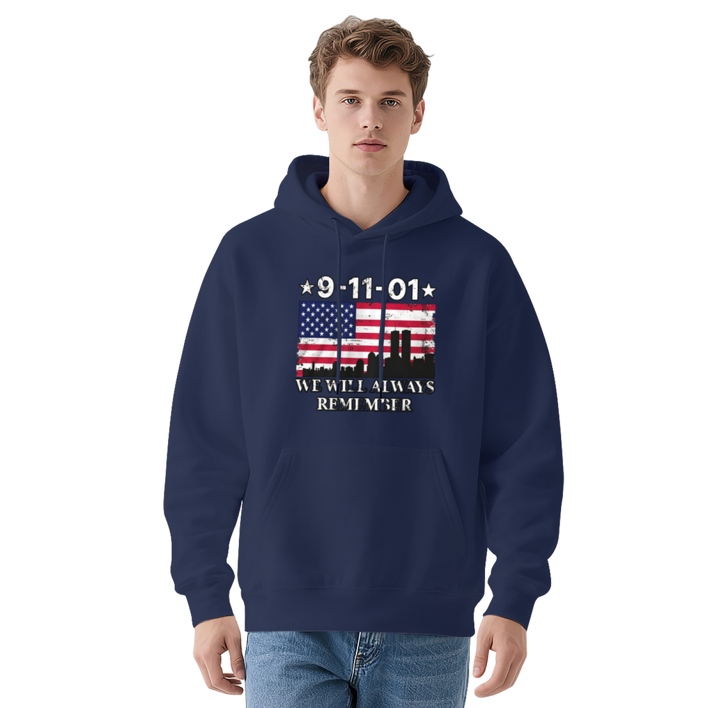 9?11?01 We Will Always Remember USA Flag Twin Towers Vintage Hoodie