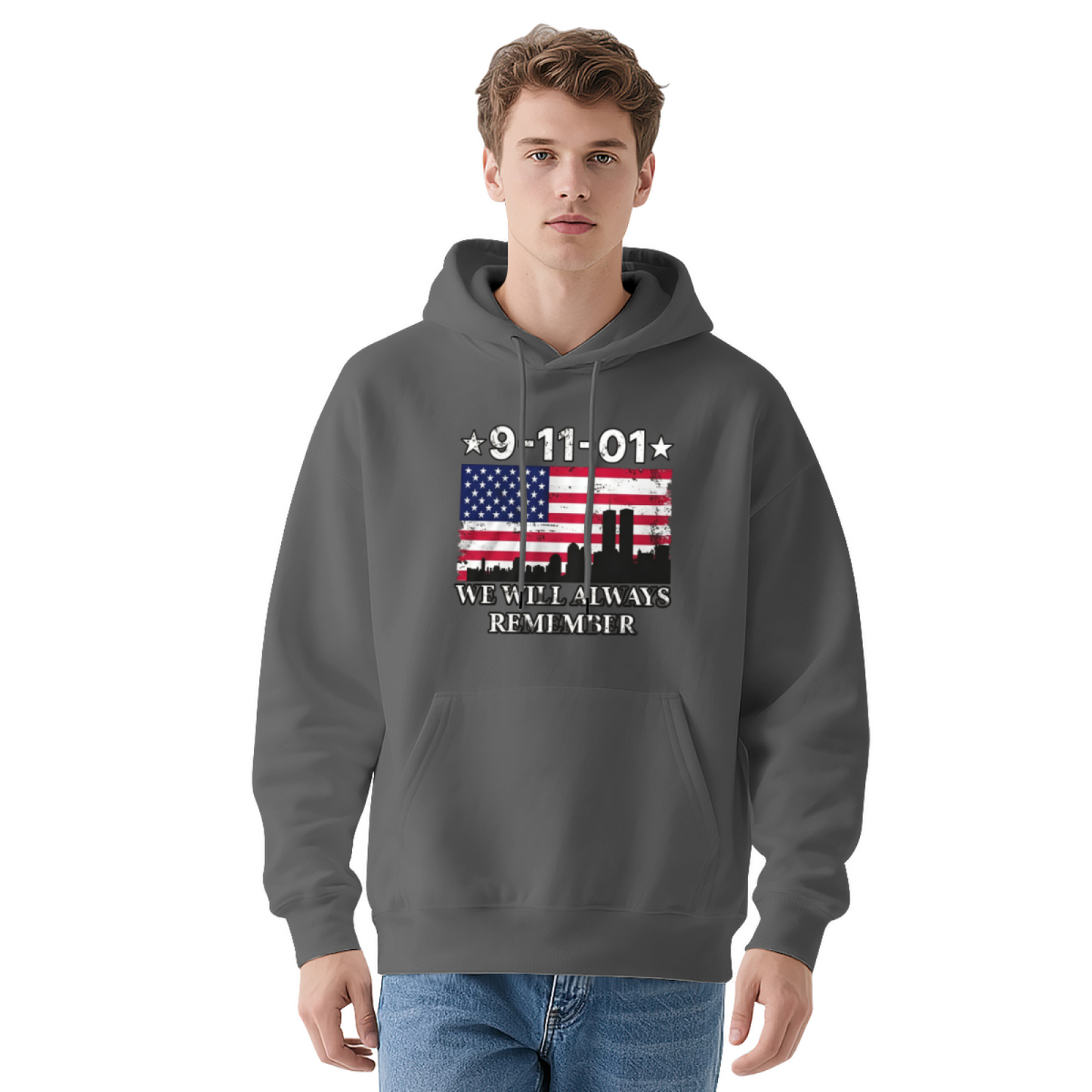 9?11?01 We Will Always Remember USA Flag Twin Towers Vintage Hoodie