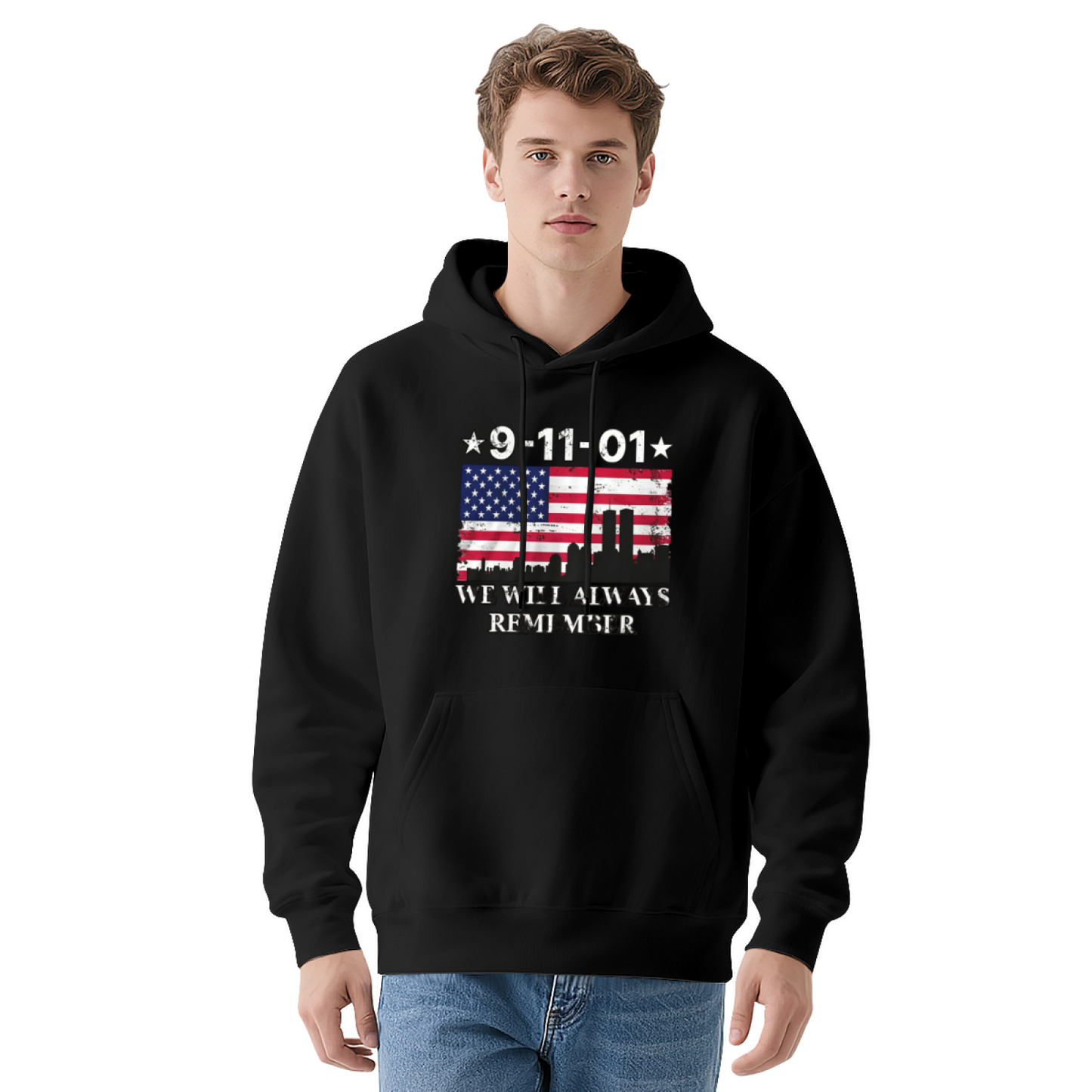 9?11?01 We Will Always Remember USA Flag Twin Towers Vintage Hoodie