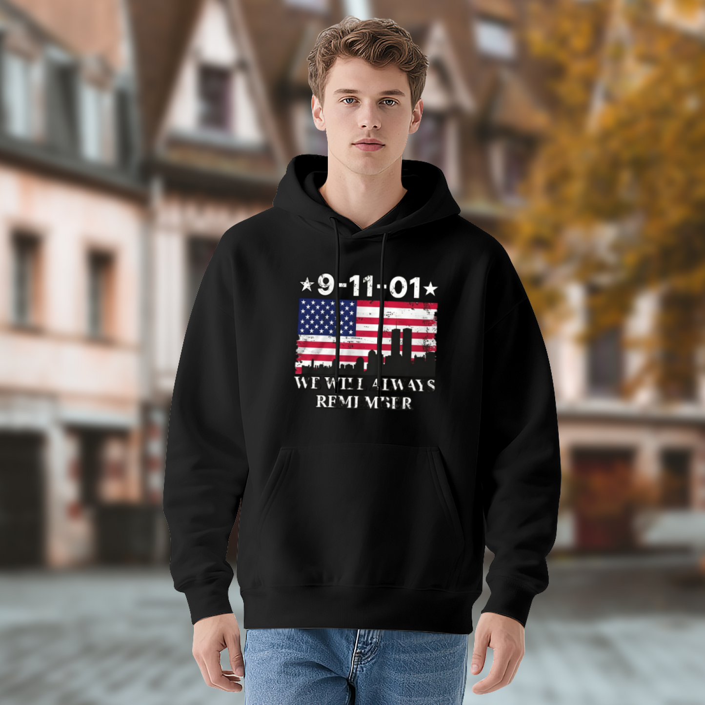 9?11?01 We Will Always Remember USA Flag Twin Towers Vintage Hoodie