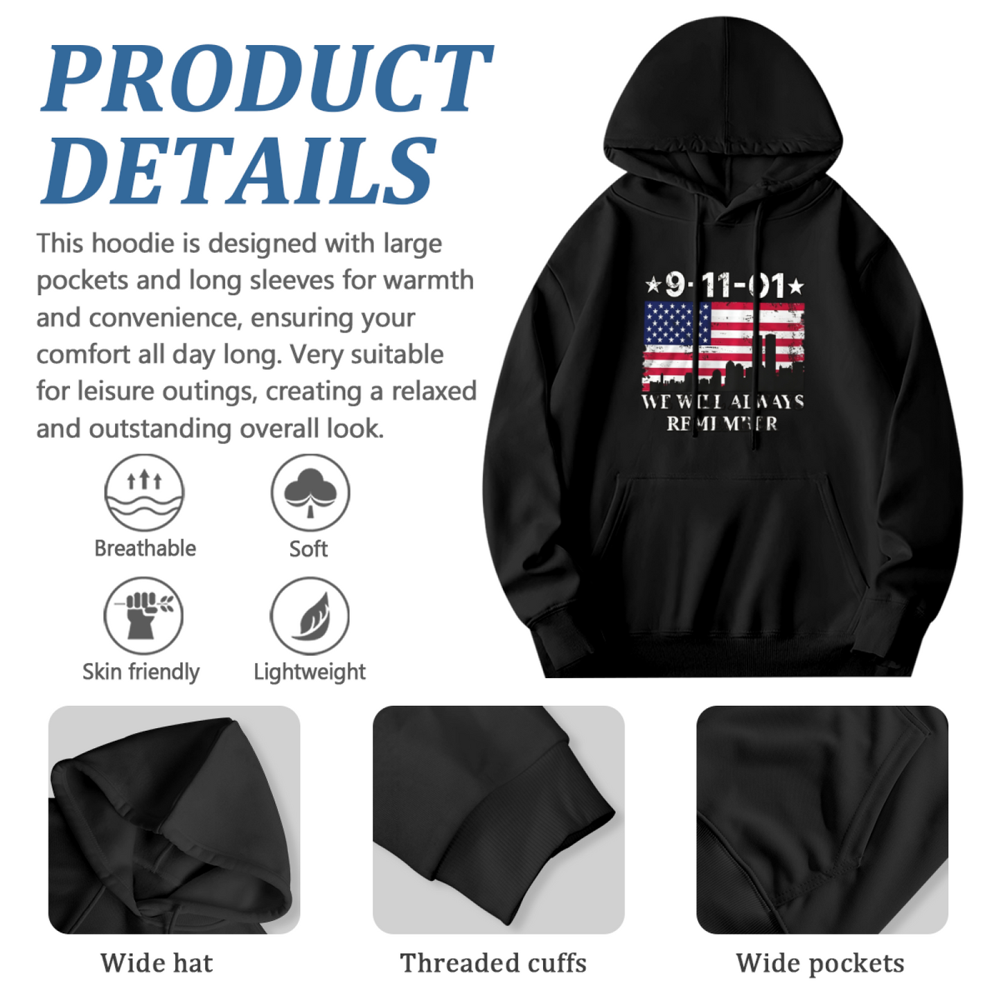 9?11?01 We Will Always Remember USA Flag Twin Towers Vintage Hoodie