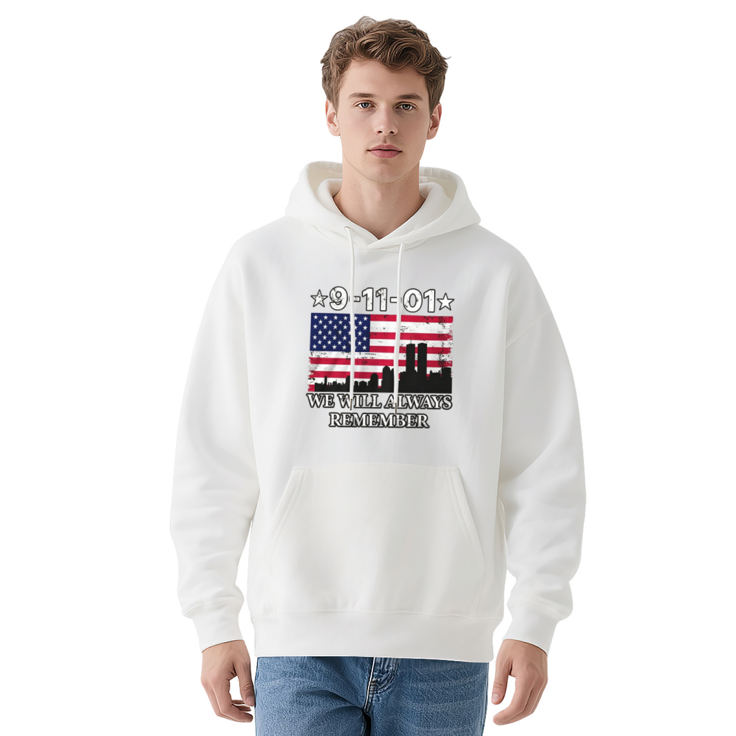 9?11?01 We Will Always Remember USA Flag Twin Towers Vintage Hoodie