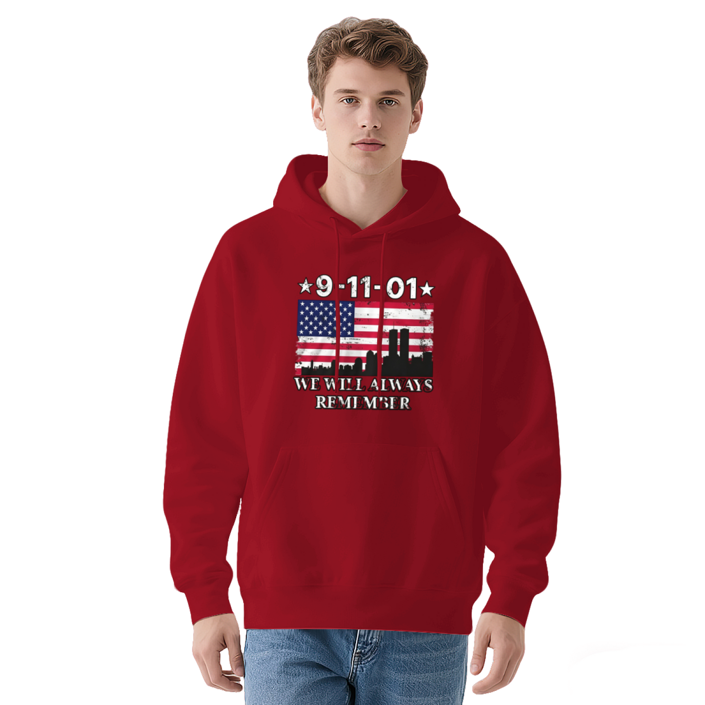 9?11?01 We Will Always Remember USA Flag Twin Towers Vintage Hoodie