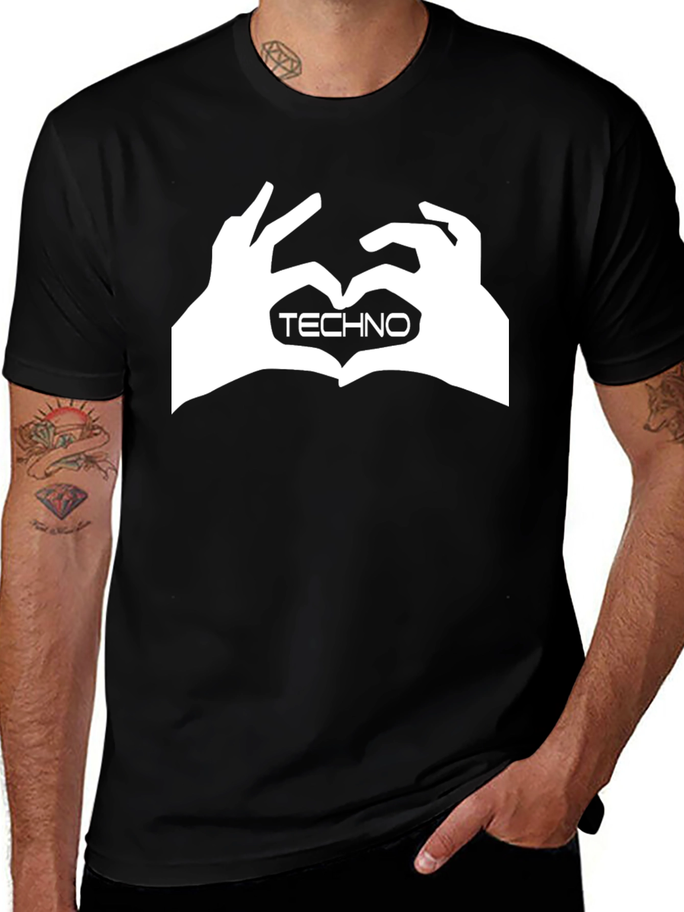 Techno Heart Hand Sign Graphic Black T-Shirt