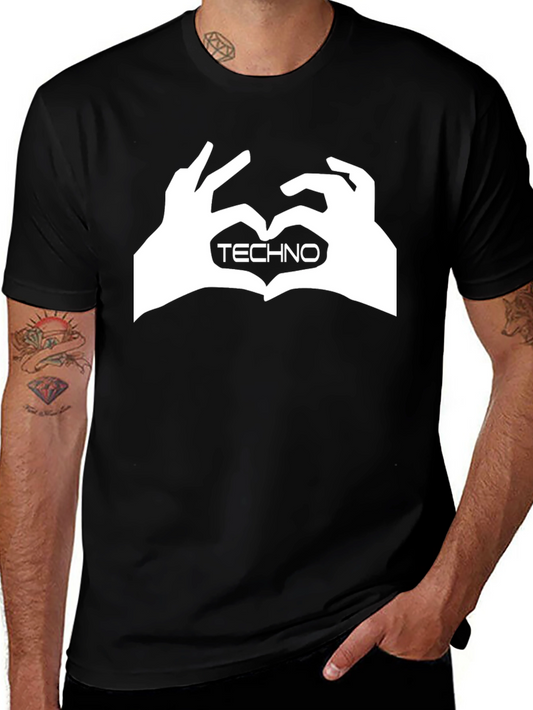 Techno Heart Hand Sign Graphic Black T-Shirt