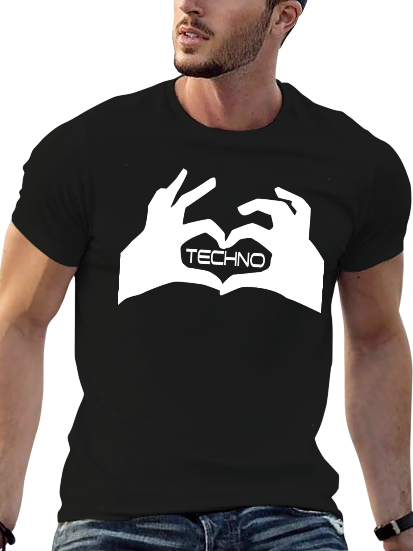Techno Heart Hand Sign Graphic Black T-Shirt