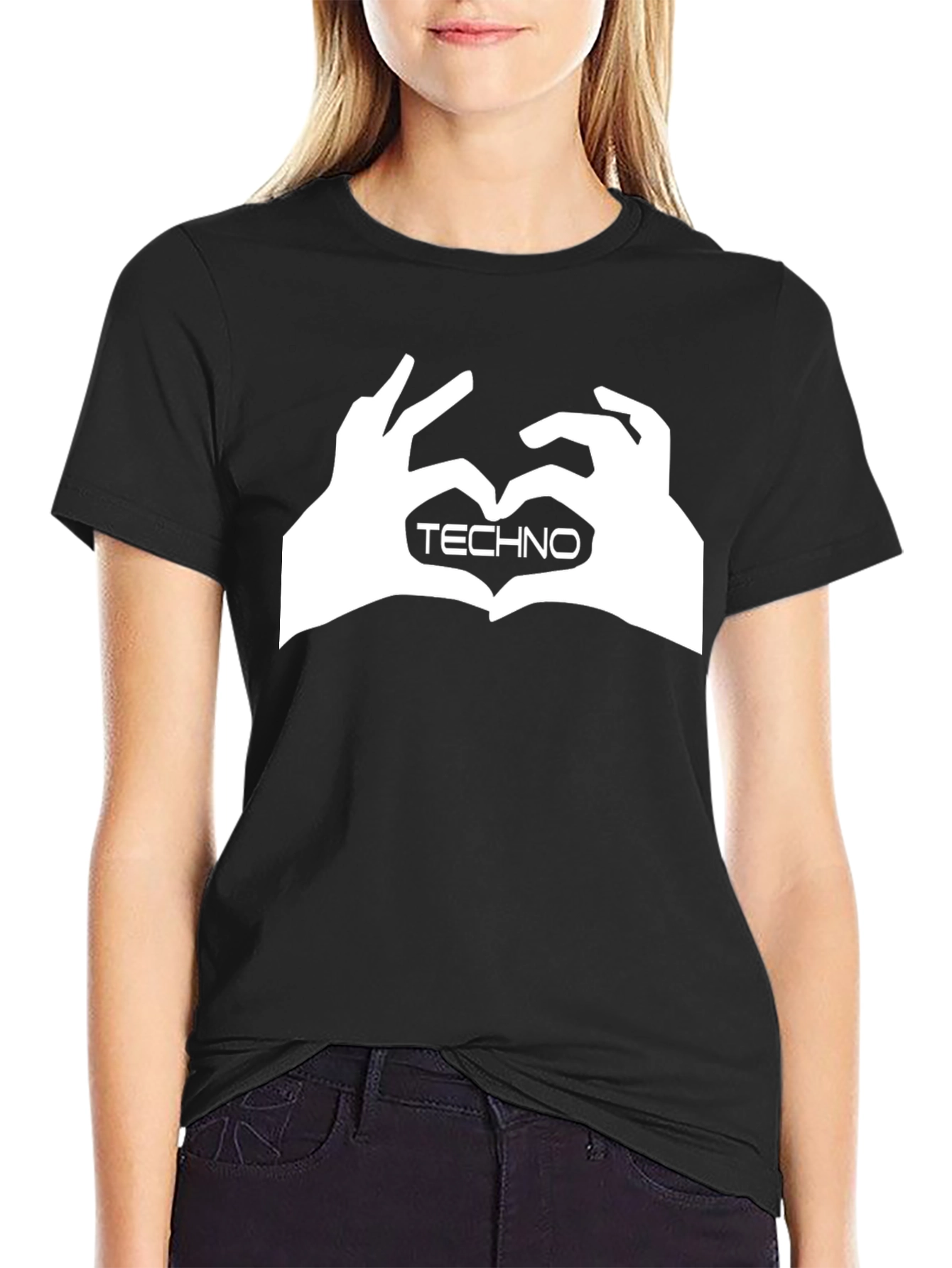 Techno Heart Hand Sign Graphic Black T-Shirt