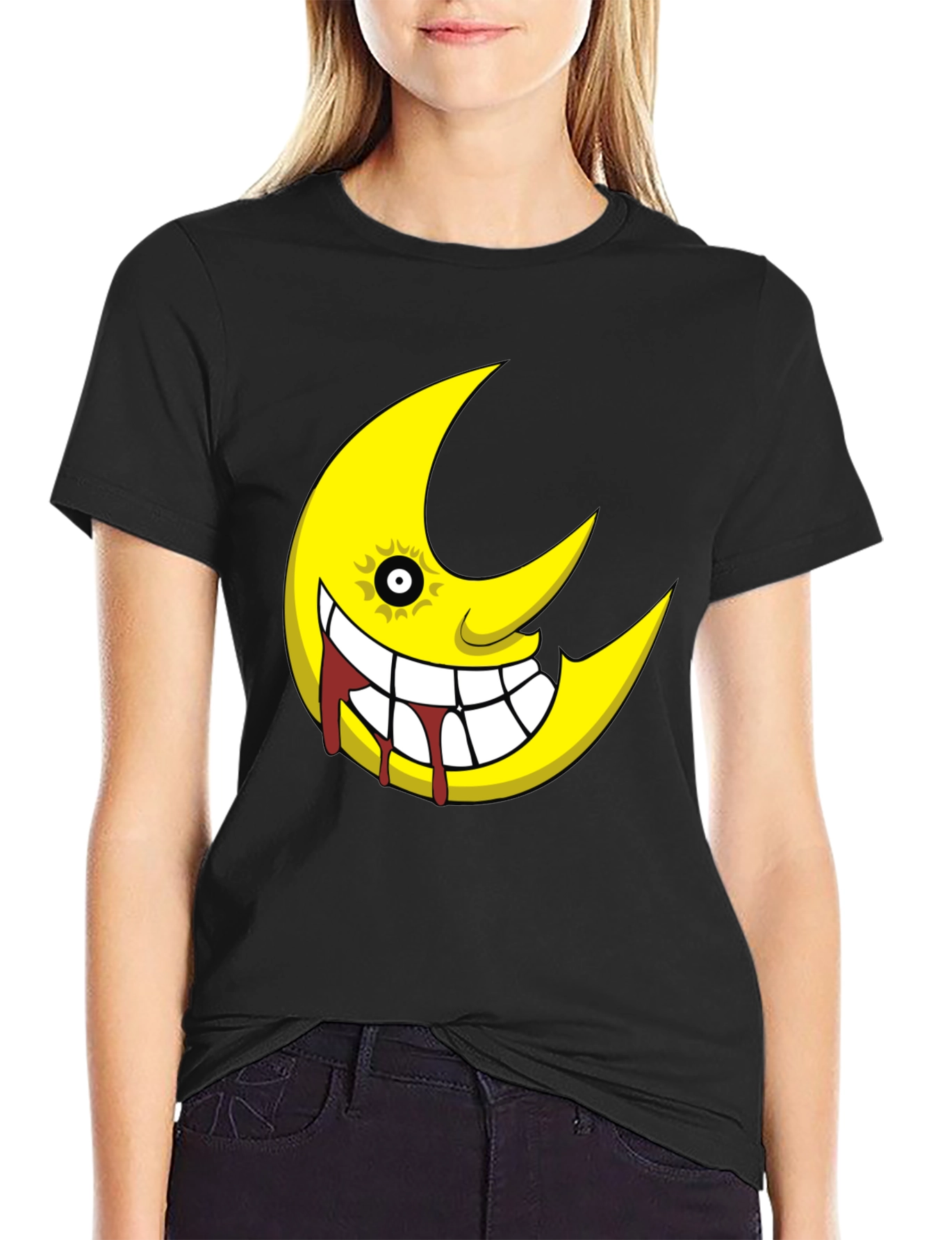 Soul Eater Inspired Creepy Moon Graphic Black T-Shirt