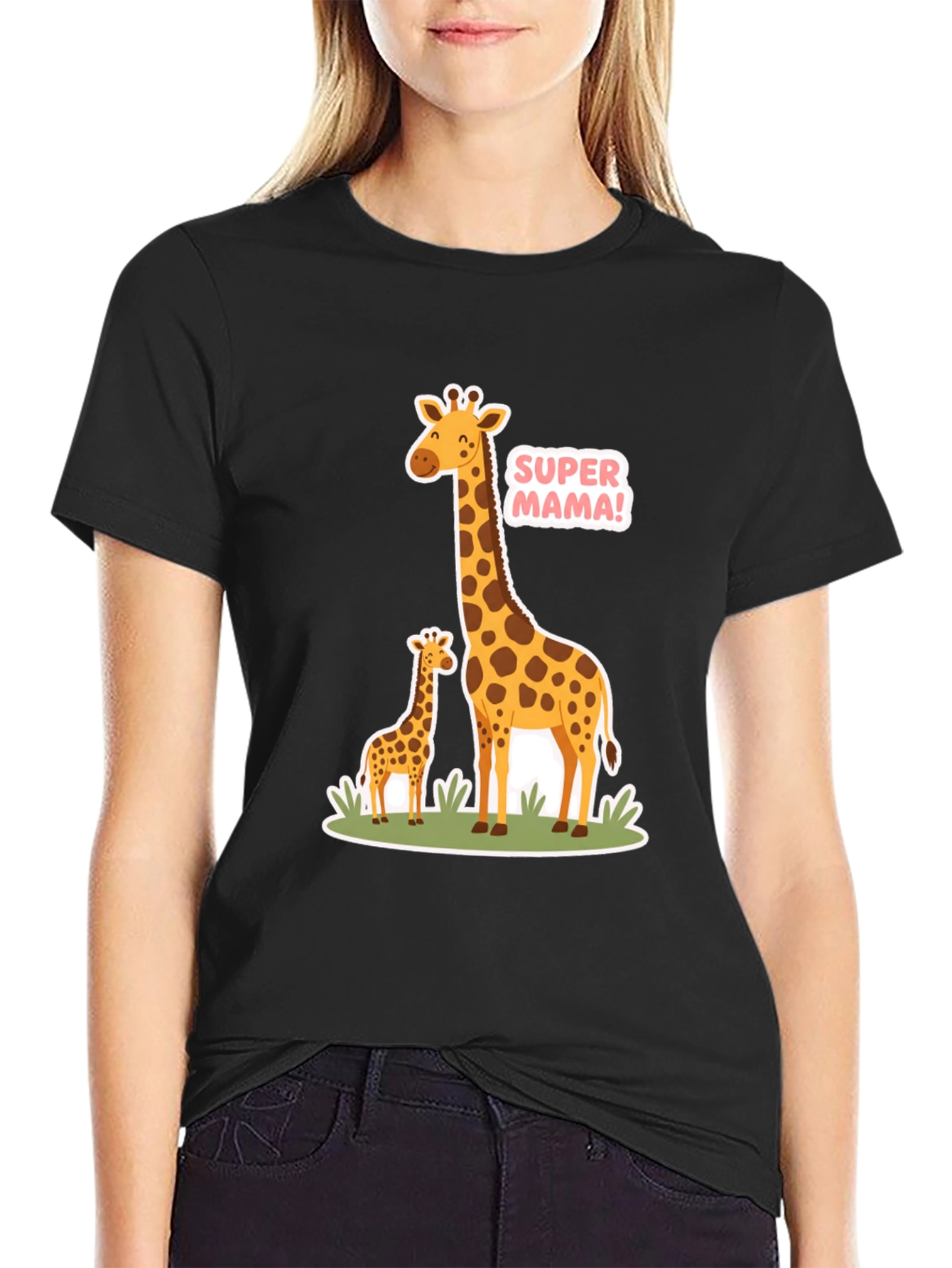 Super Mama Giraffe T-Shirt - Black Cotton Tee