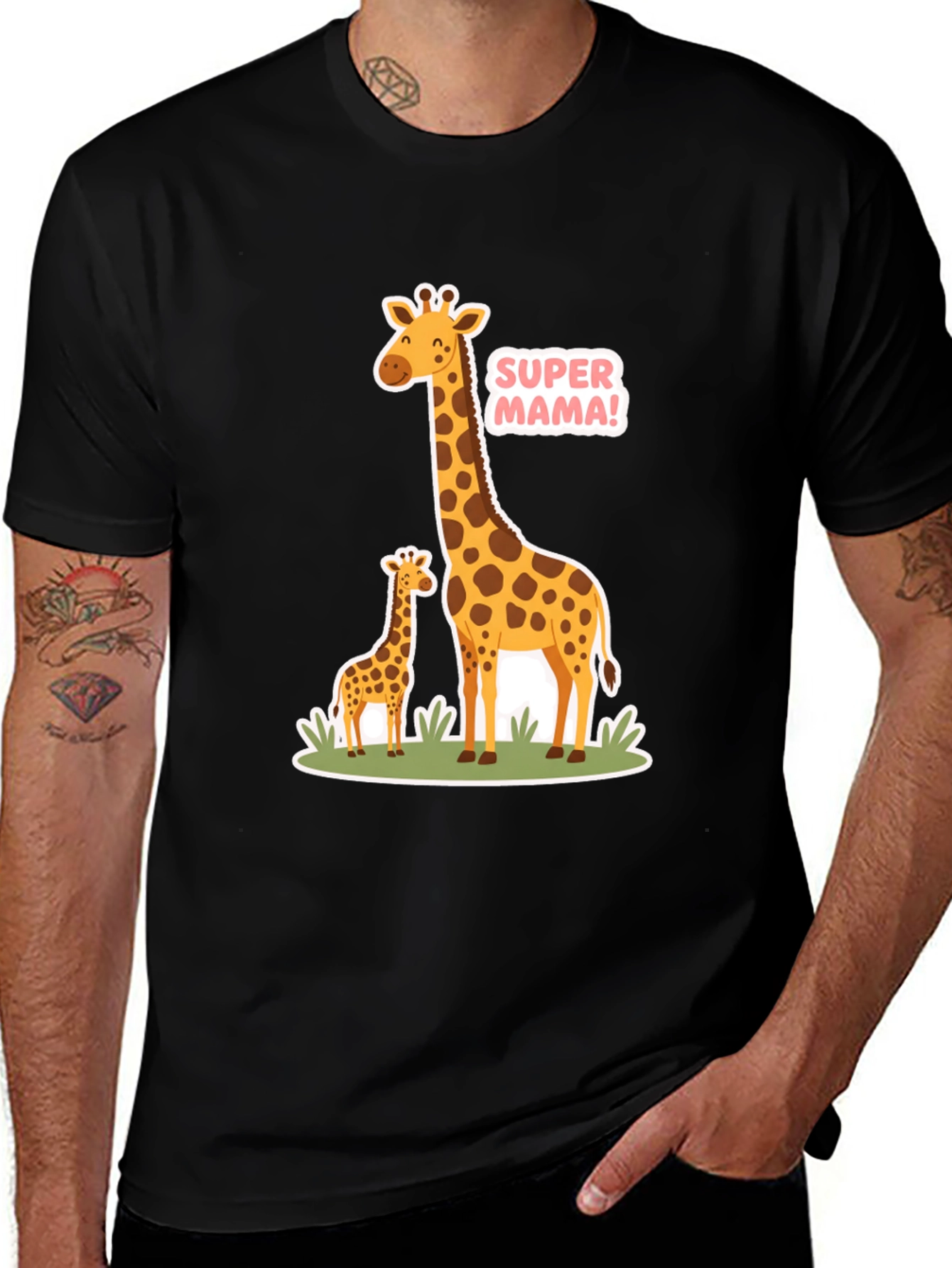 Super Mama Giraffe T-Shirt - Black Cotton Tee
