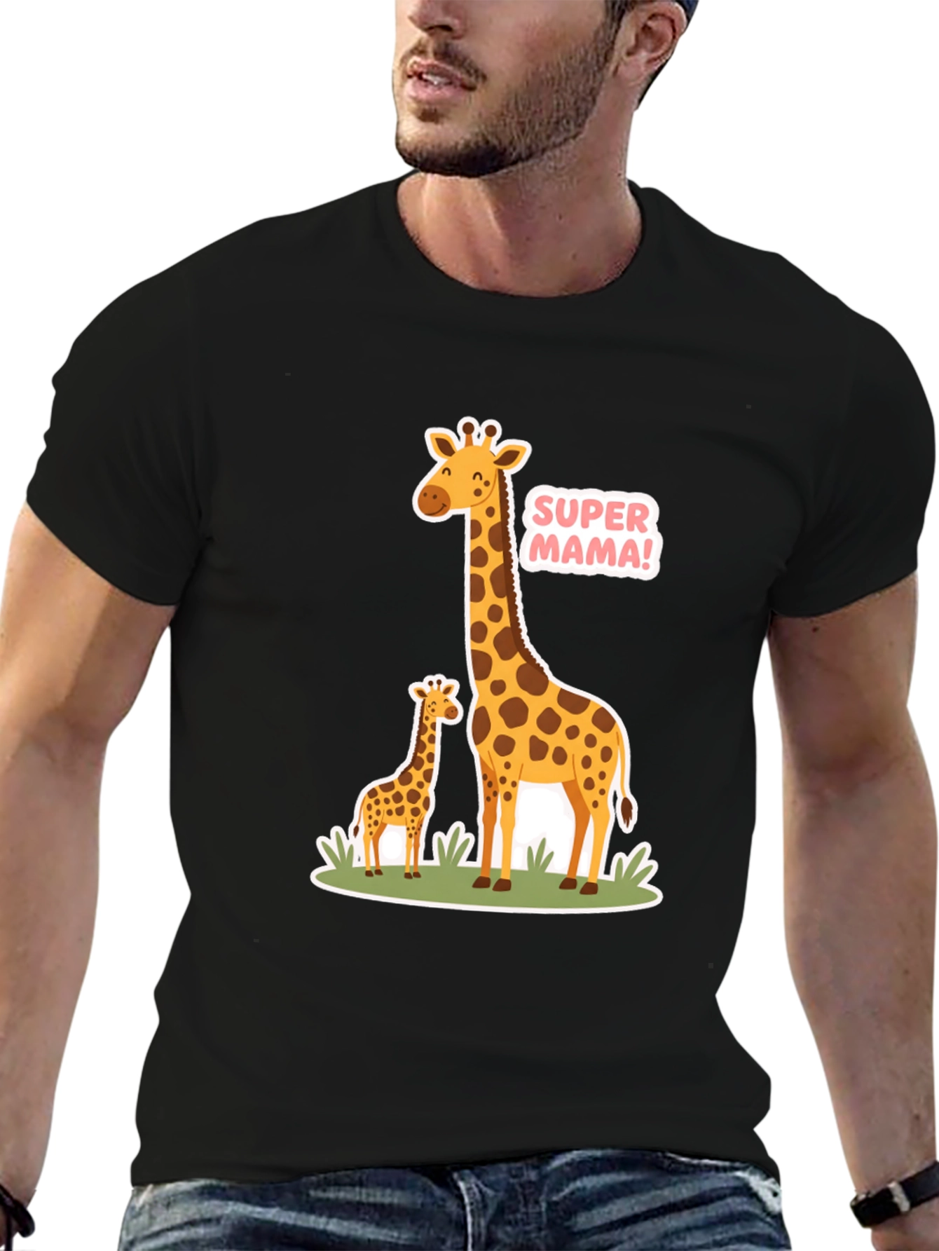 Super Mama Giraffe T-Shirt - Black Cotton Tee