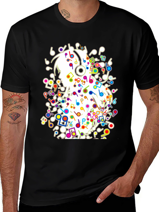 Musical Girl T-Shirt - Black Cotton Tee with Colorful Notes