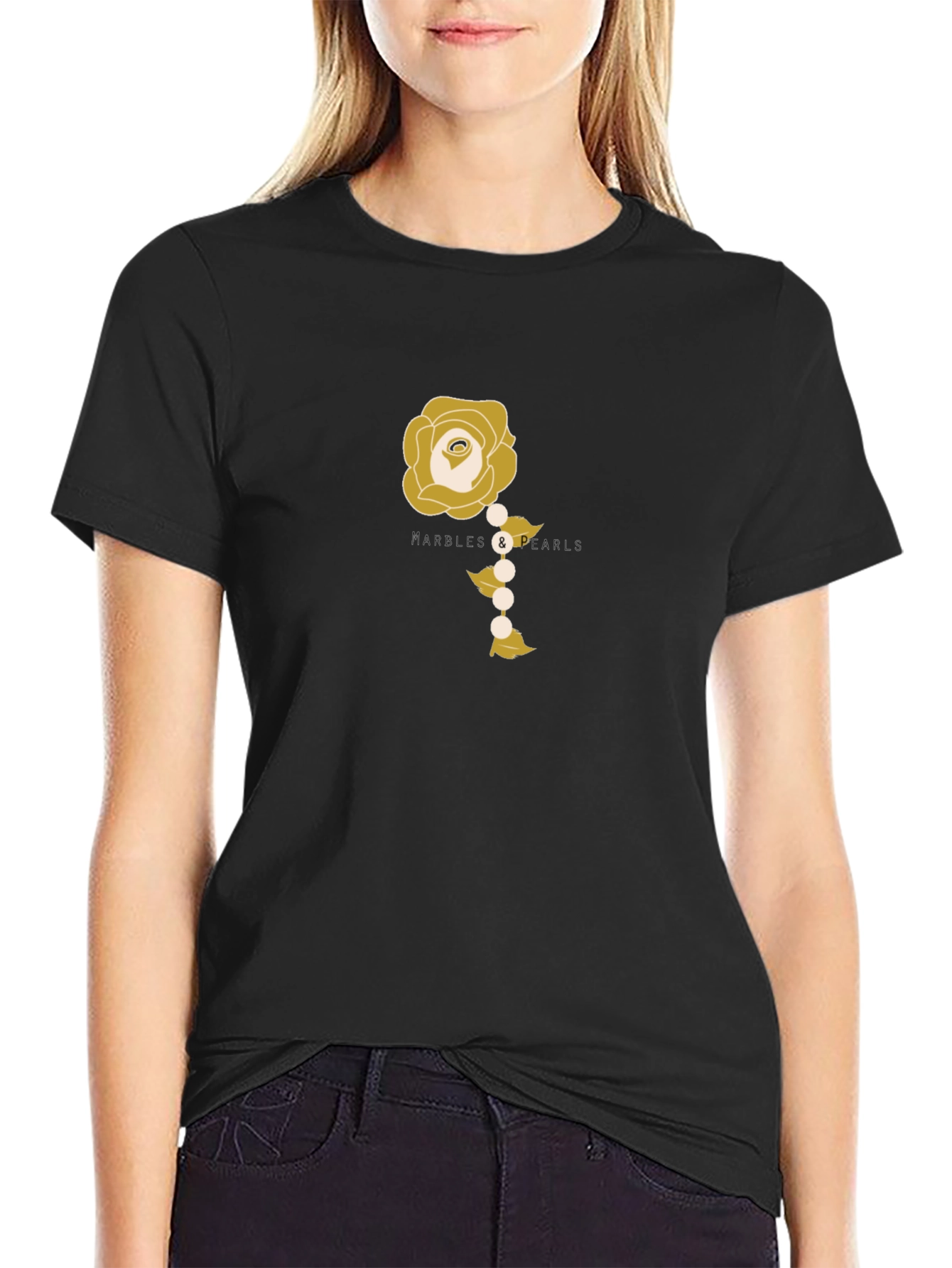 Elegant Rose and Pearls Graphic Tee - Black