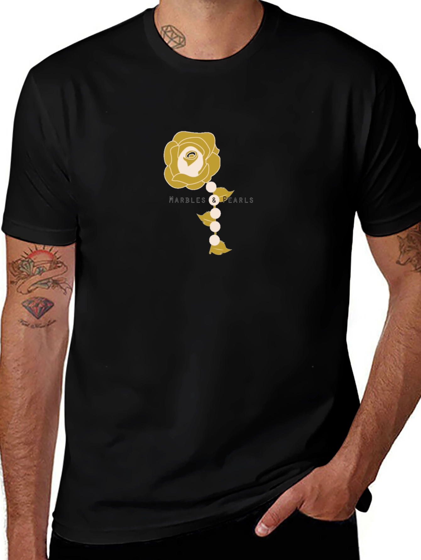 Elegant Rose and Pearls Graphic Tee - Black