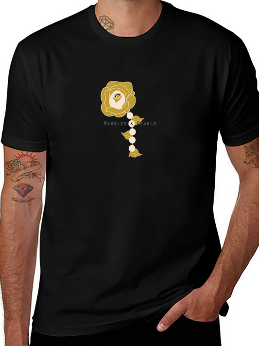 Elegant Rose and Pearls Graphic Tee - Black