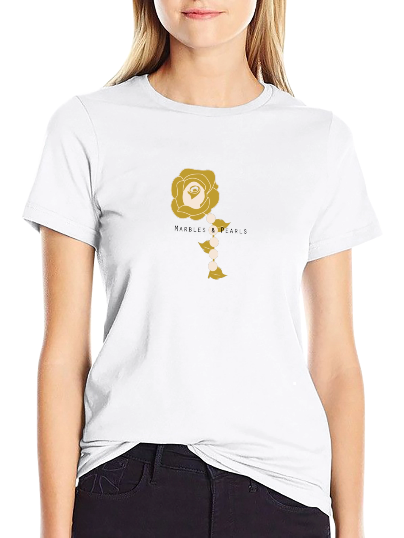 Elegant Rose and Pearls Graphic Tee - Black