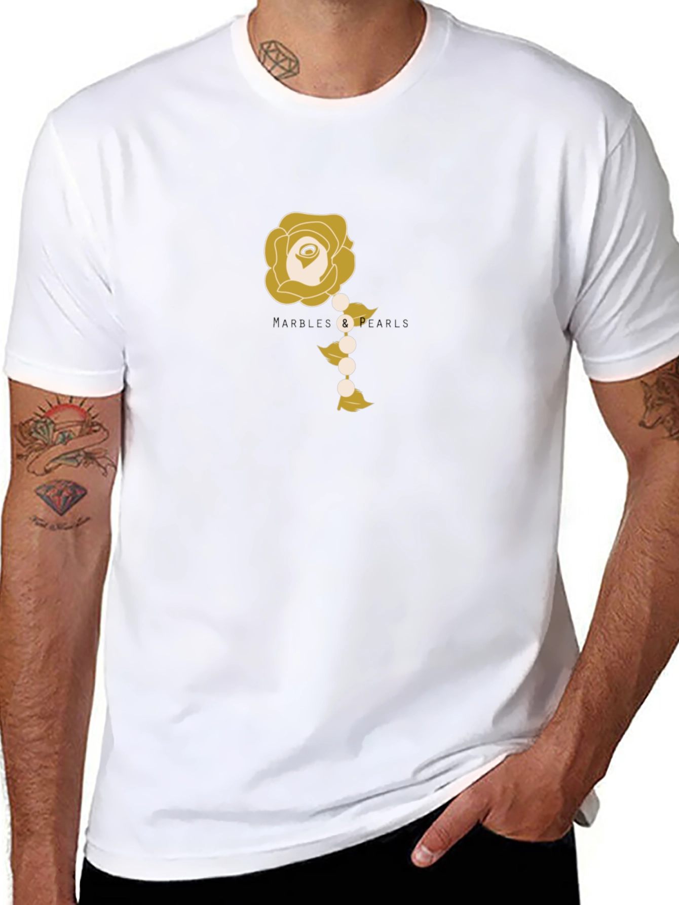 Elegant Rose and Pearls Graphic Tee - Black