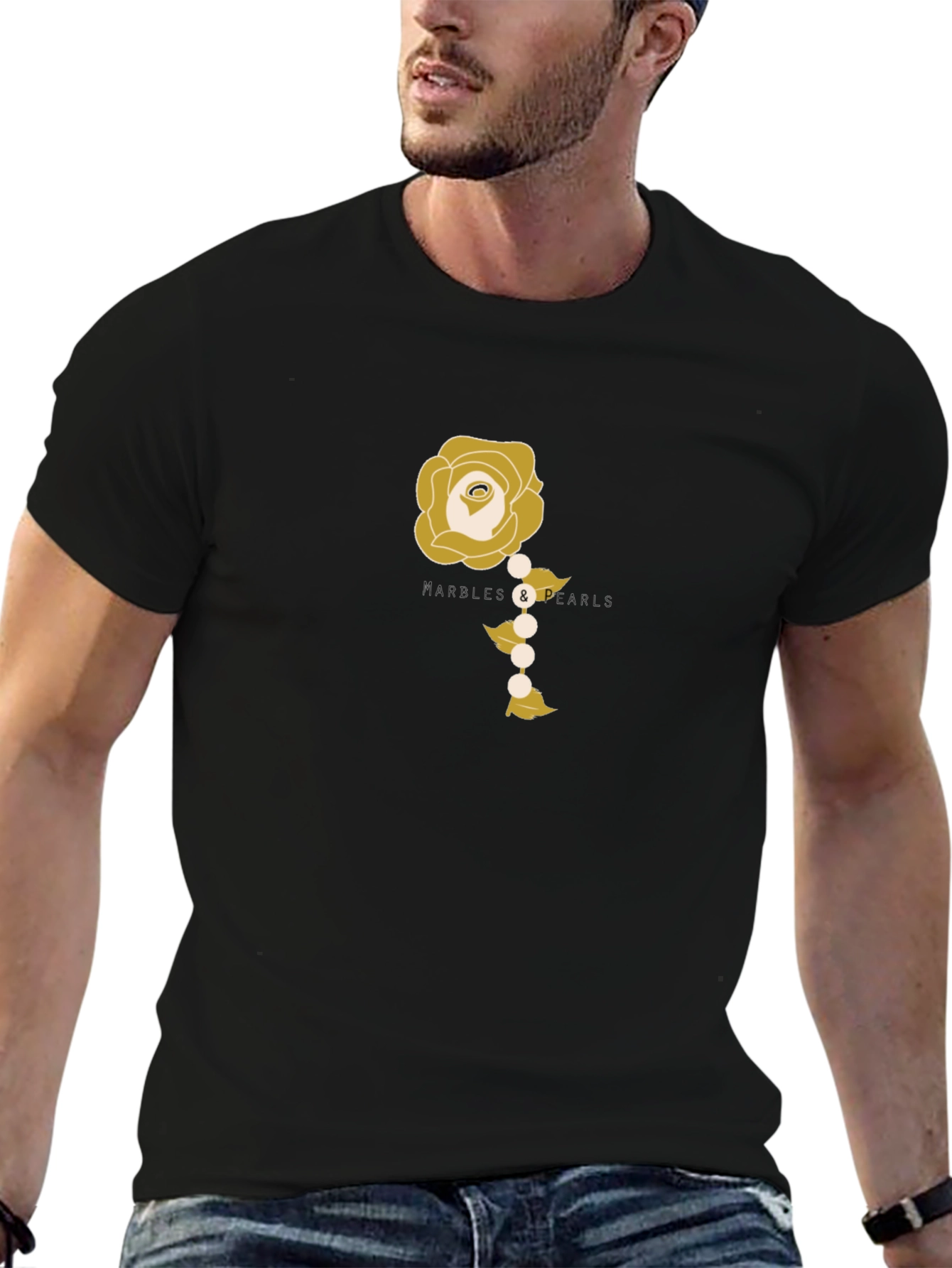 Elegant Rose and Pearls Graphic Tee - Black