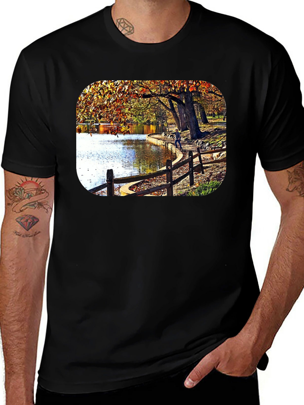 Lakeside Autumn Scene Graphic Tee