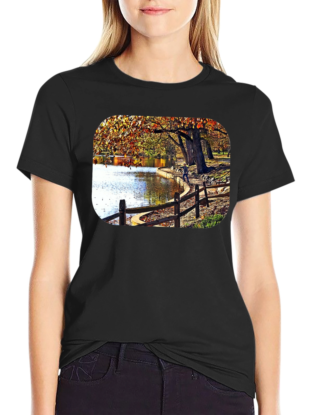 Lakeside Autumn Scene Graphic Tee