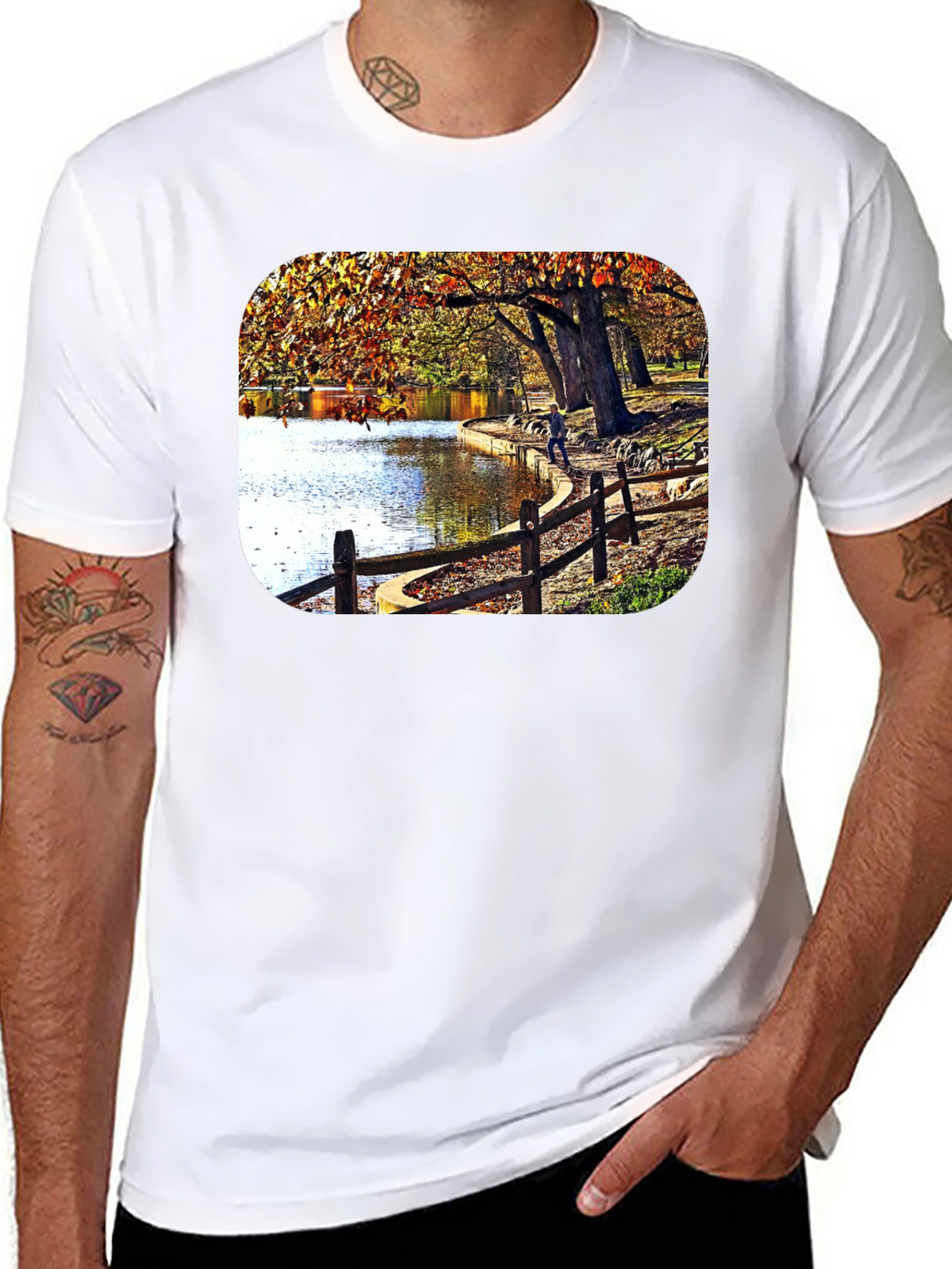 Lakeside Autumn Scene Graphic Tee