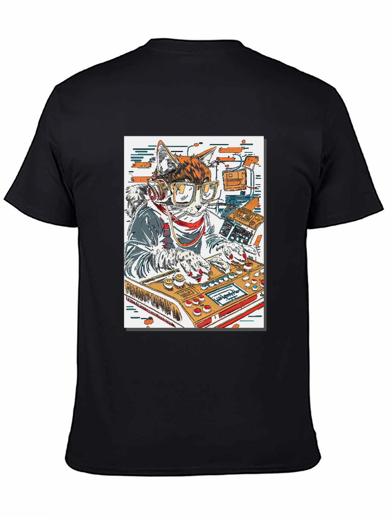 DJ Cat Graphic Tee - Black Cotton T-Shirt