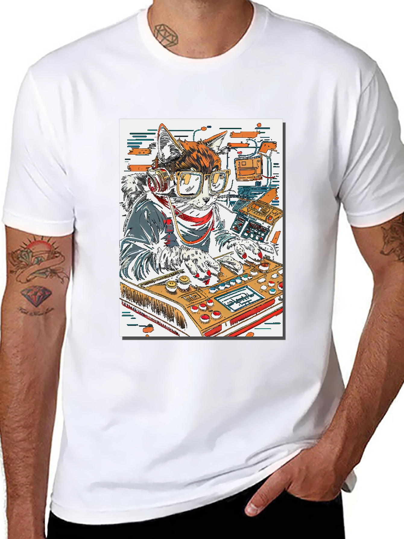 DJ Cat Graphic Tee - Black Cotton T-Shirt