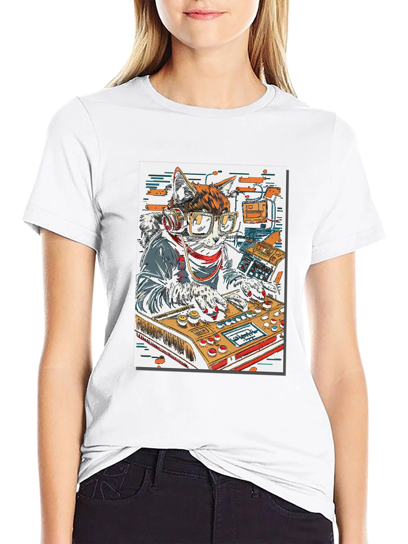 DJ Cat Graphic Tee - Black Cotton T-Shirt