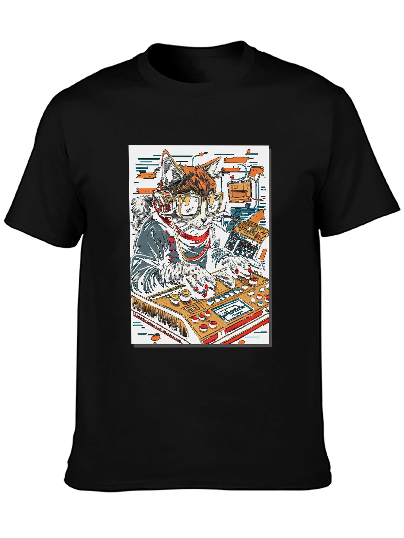 DJ Cat Graphic Tee - Black Cotton T-Shirt