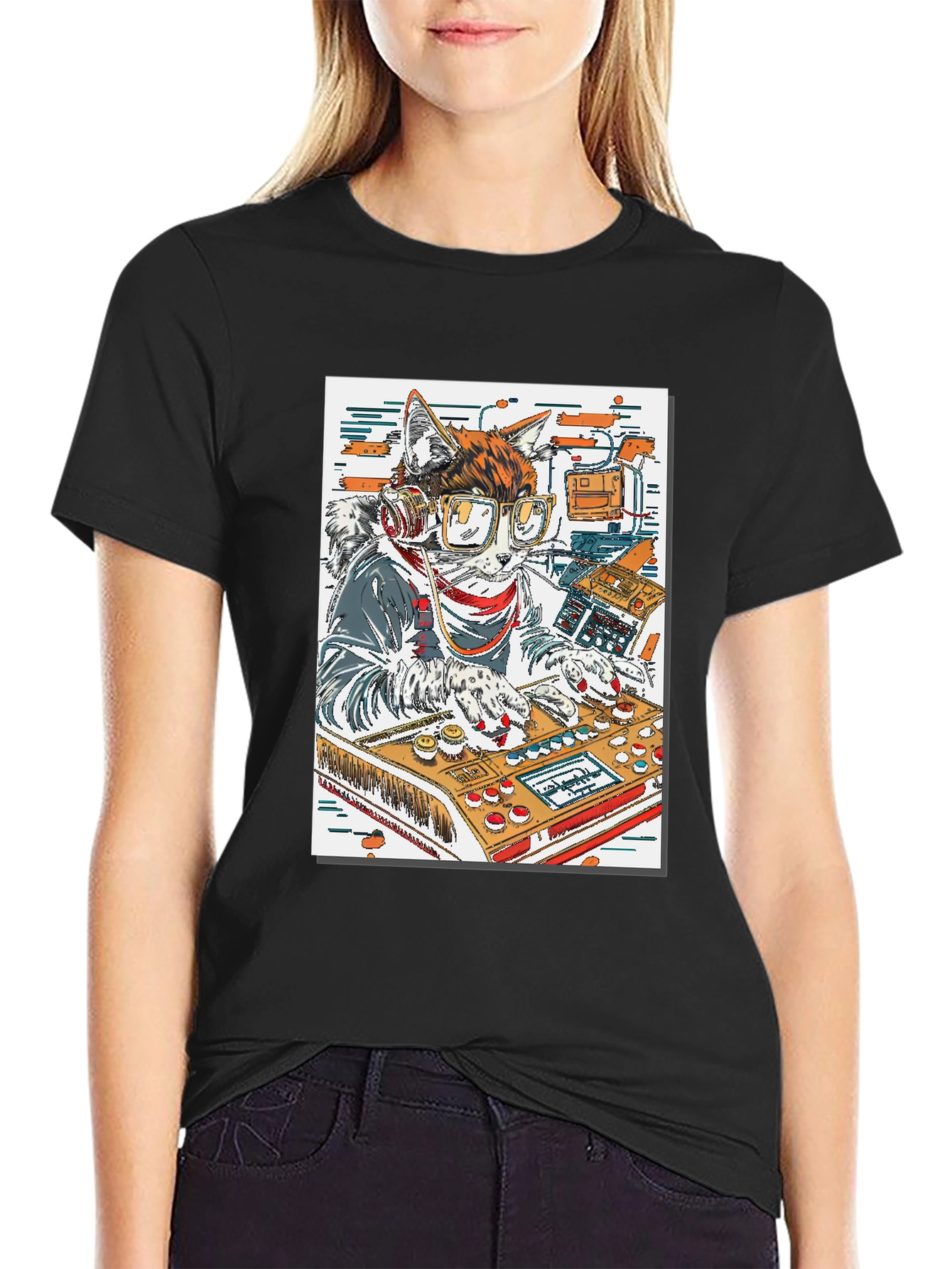DJ Cat Graphic Tee - Black Cotton T-Shirt