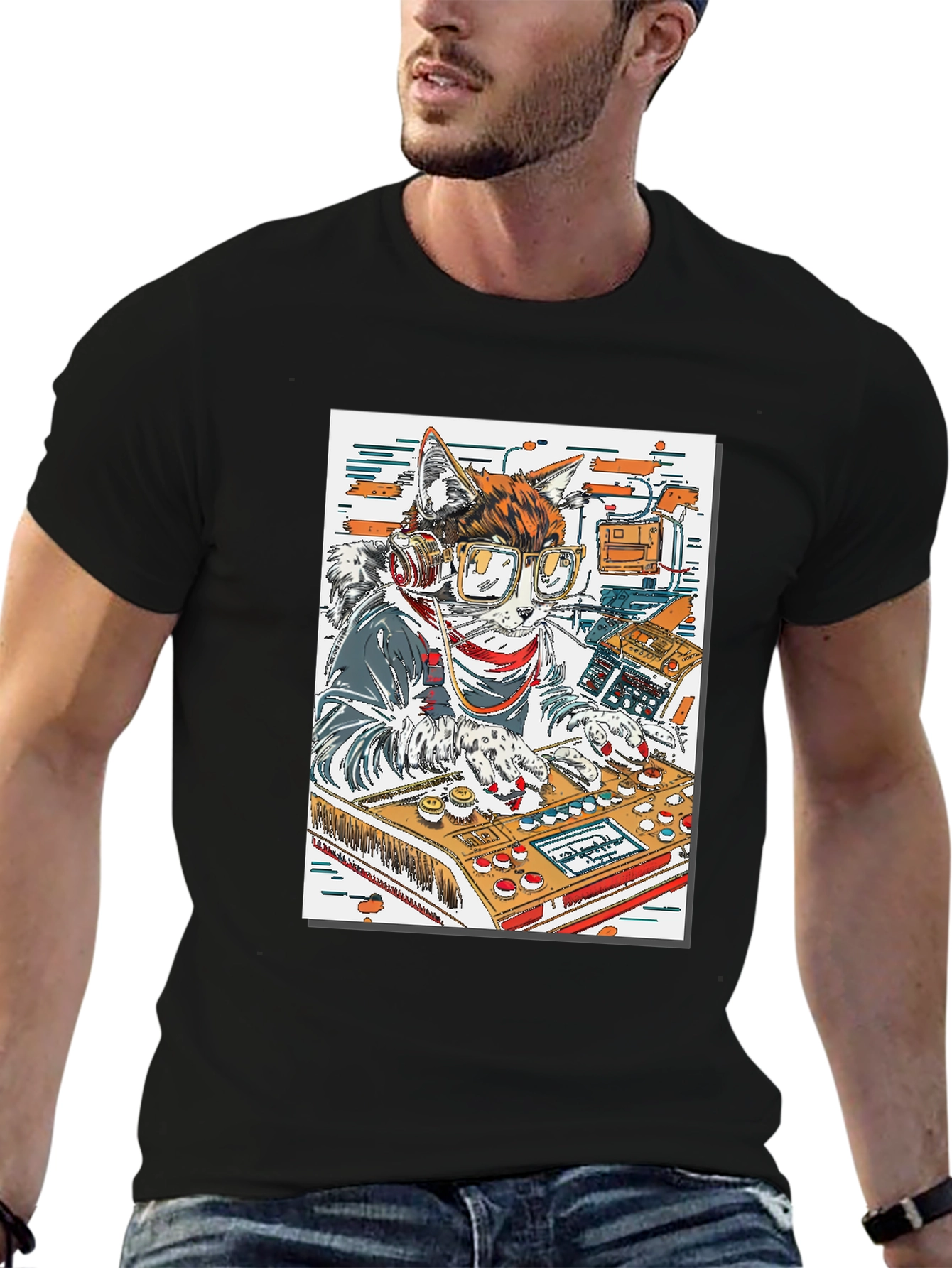 DJ Cat Graphic Tee - Black Cotton T-Shirt