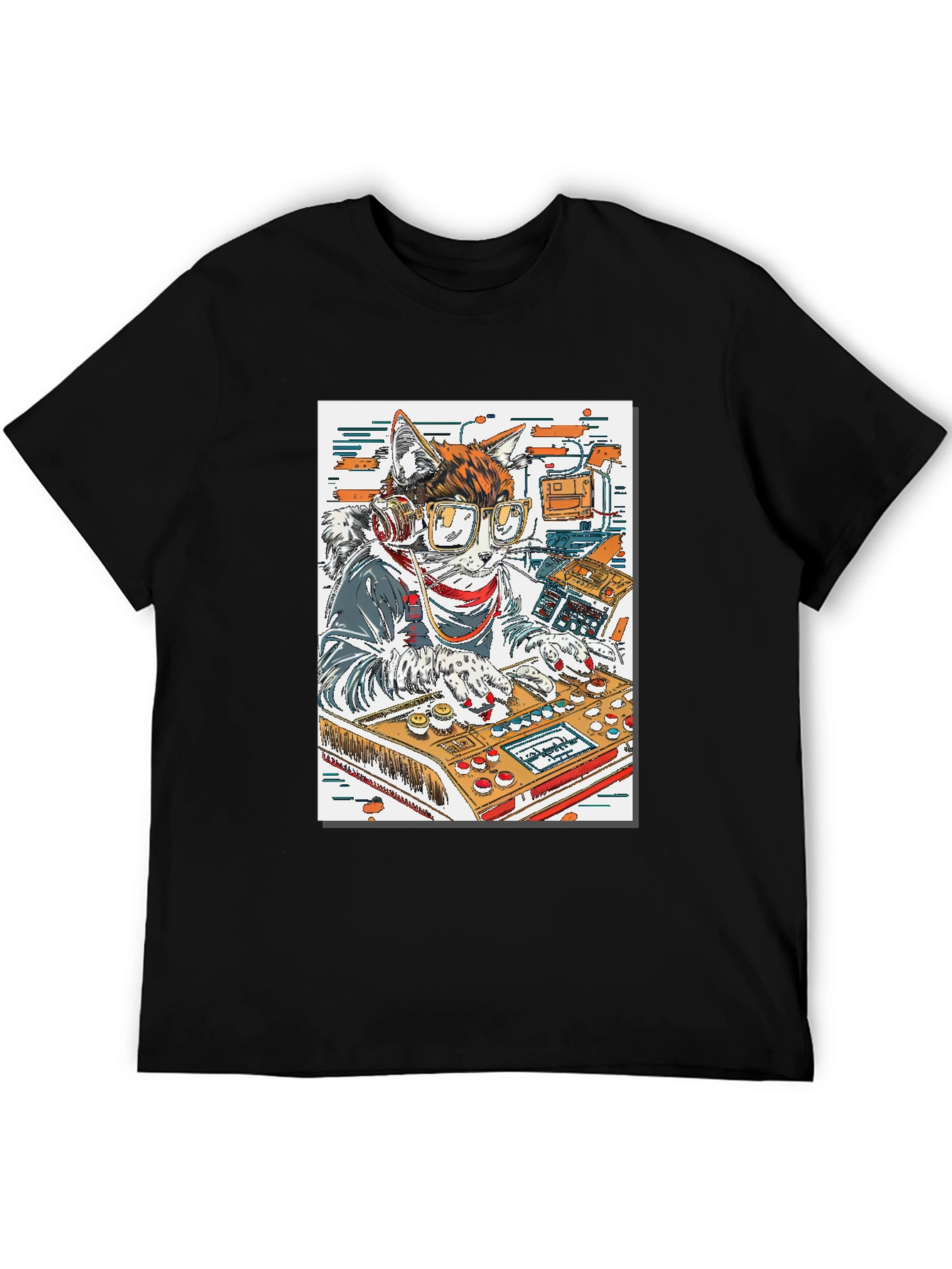 DJ Cat Graphic Tee - Black Cotton T-Shirt