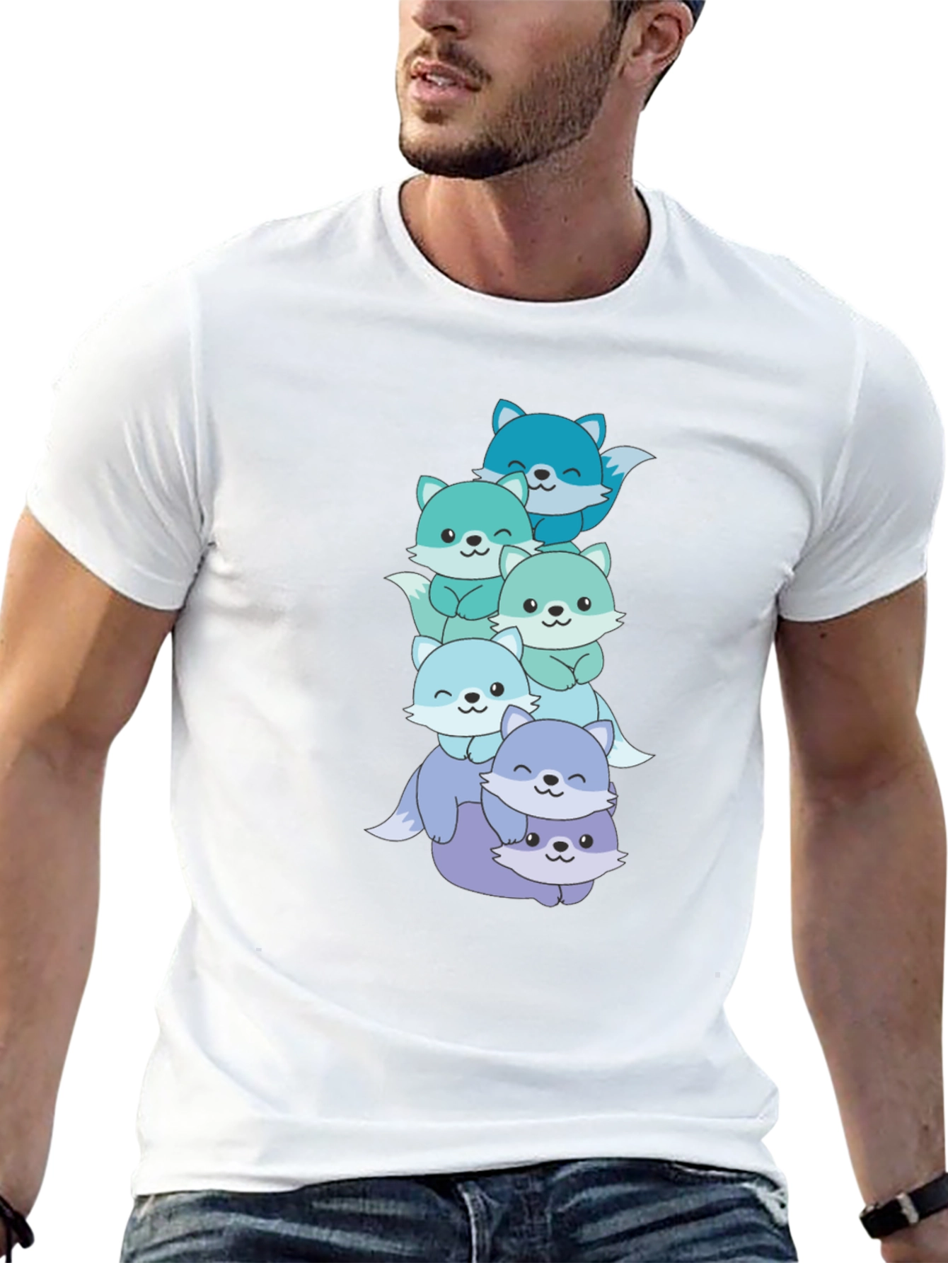 Cute Foxes Stacked Graphic Black T-Shirt