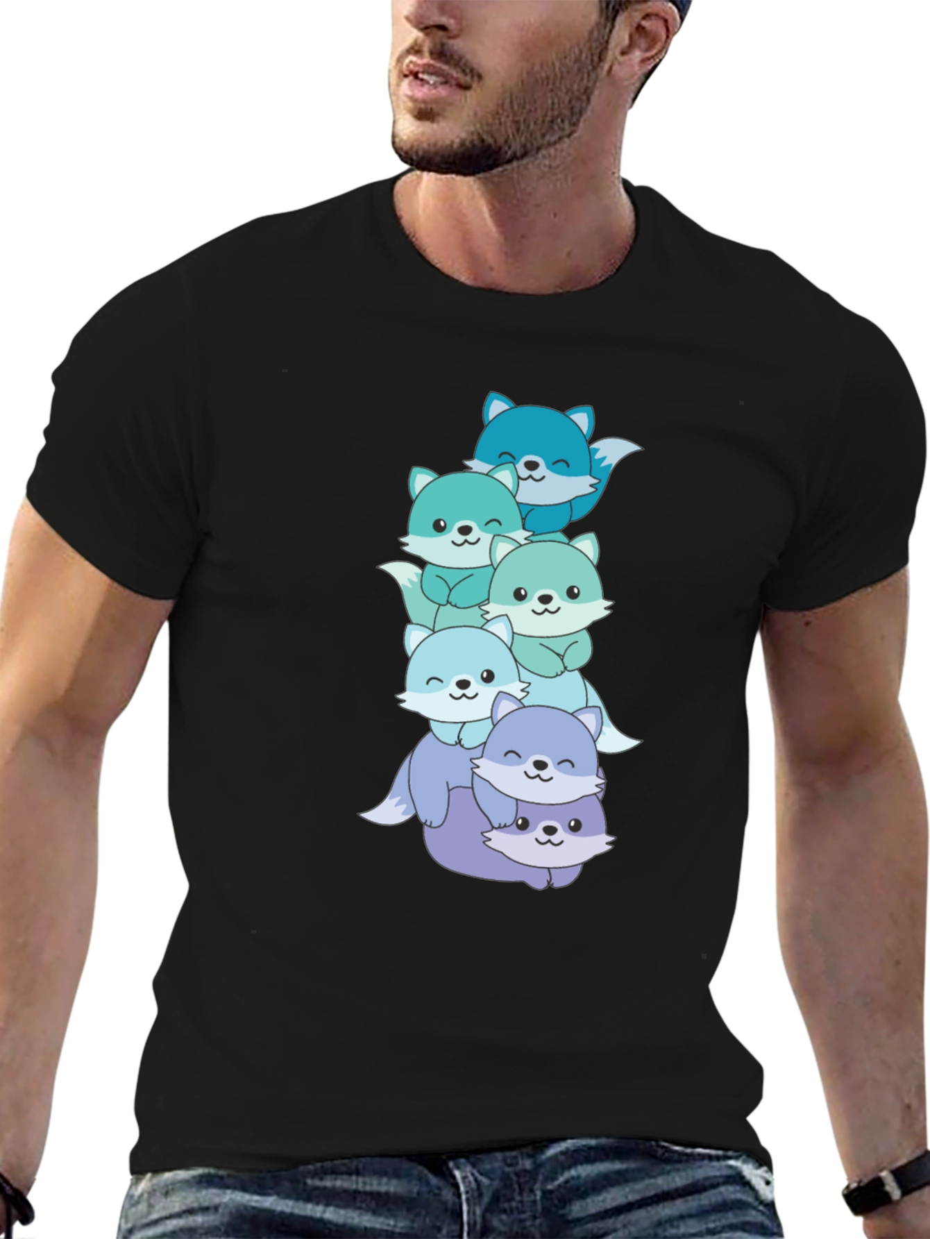 Cute Foxes Stacked Graphic Black T-Shirt
