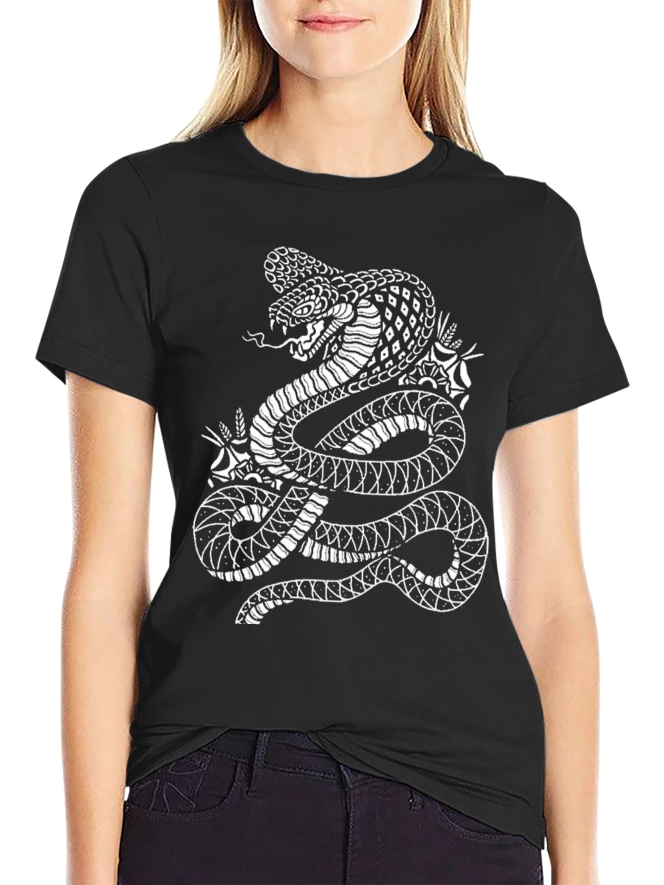 Mens Black T-Shirt with Snake Graphic