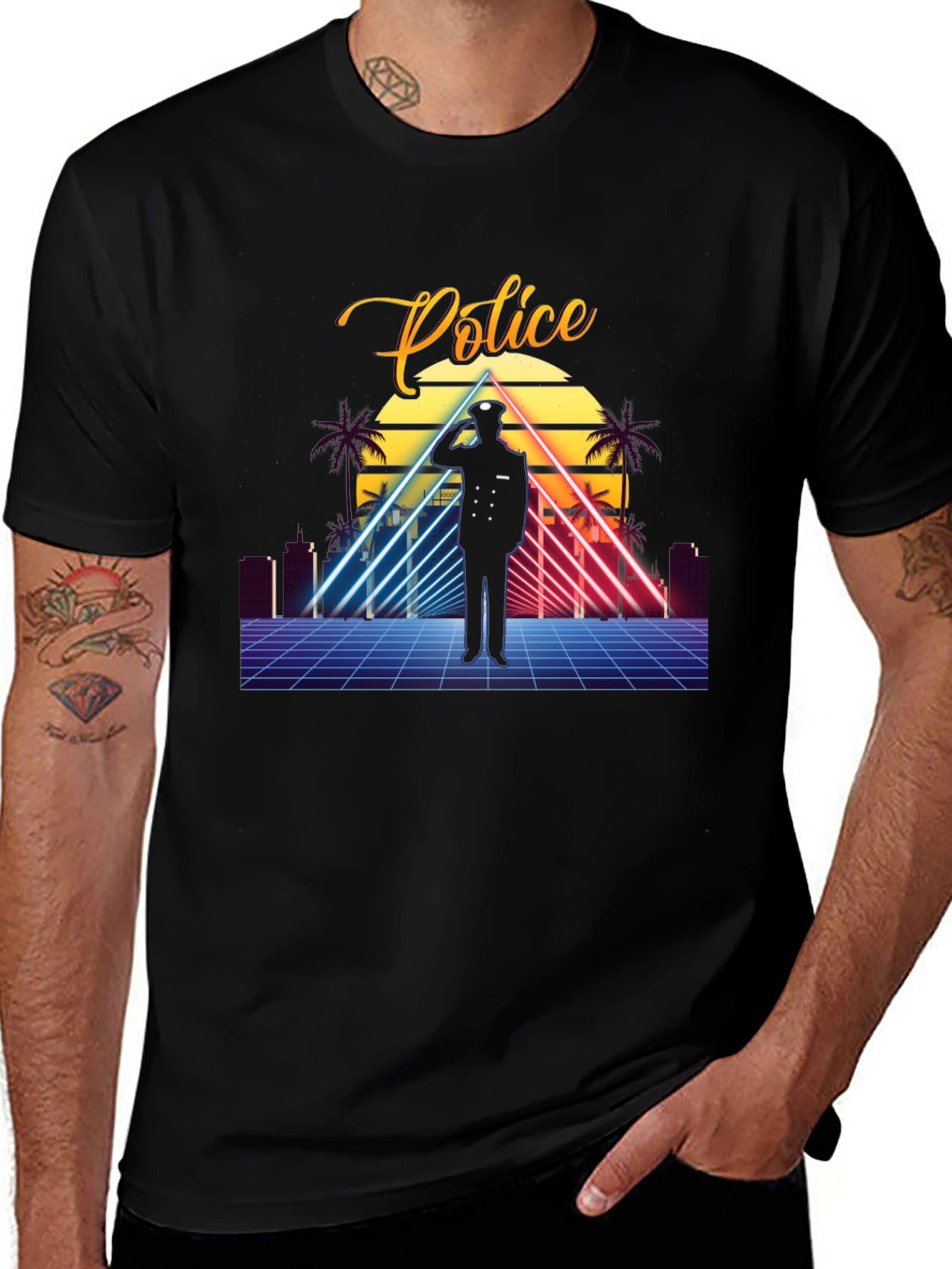 Retro Police Graphic T-Shirt - Synthwave Design