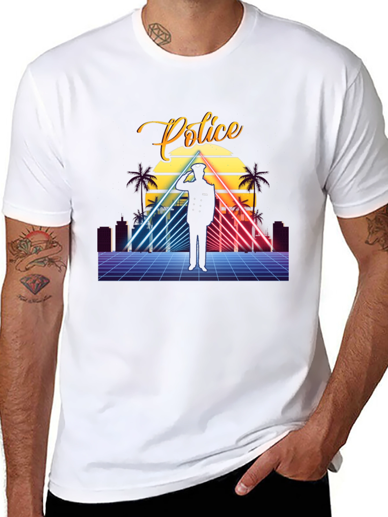 Retro Police Graphic T-Shirt - Synthwave Design