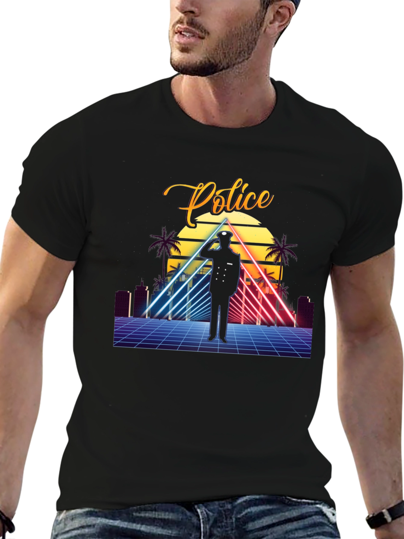 Retro Police Graphic T-Shirt - Synthwave Design