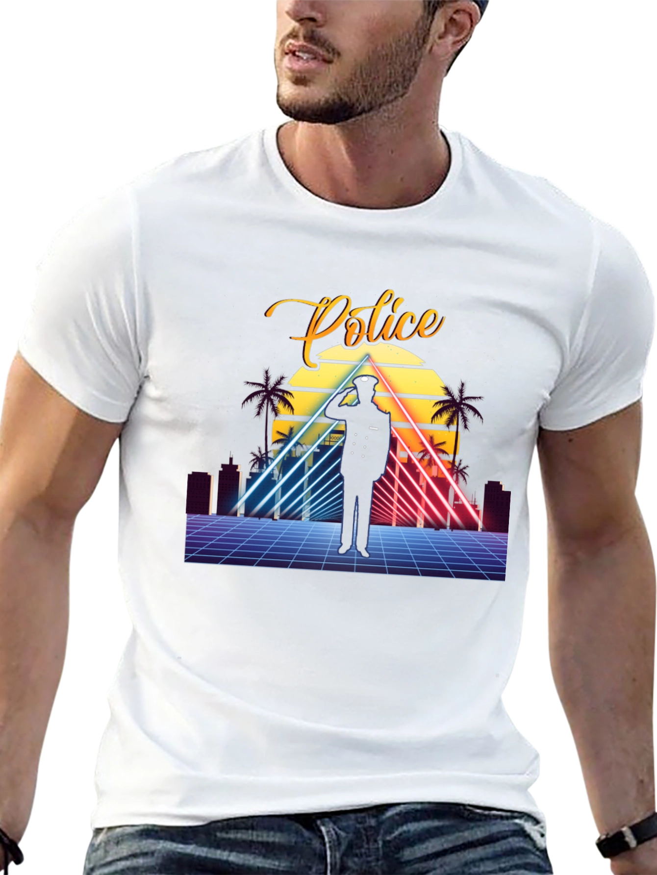 Retro Police Graphic T-Shirt - Synthwave Design